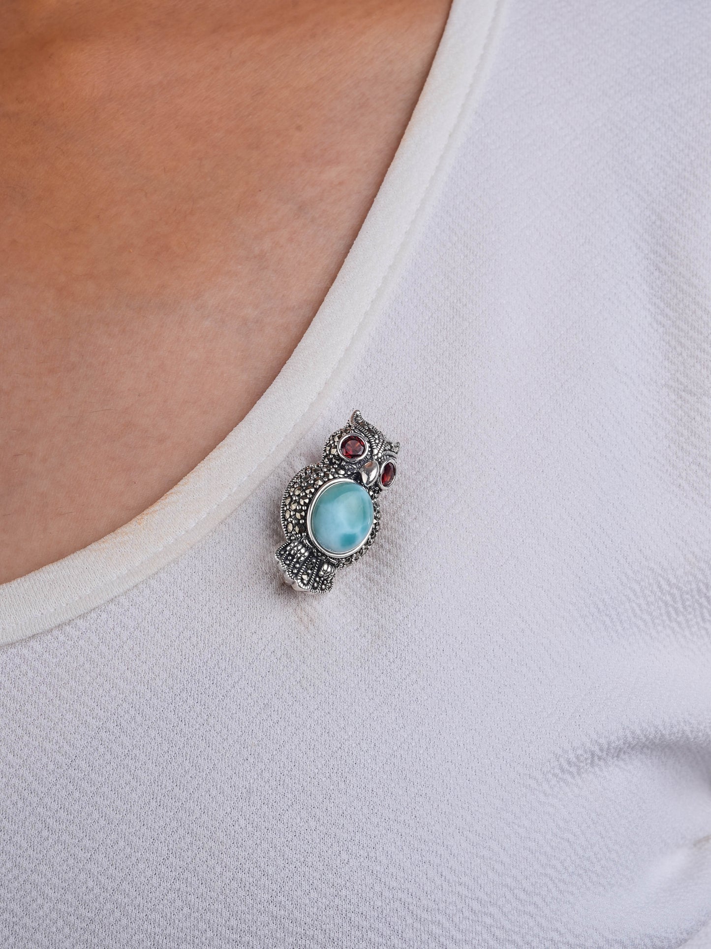 Ocean Heart Owl: Silver Marcasite Brooch Cum Pendant