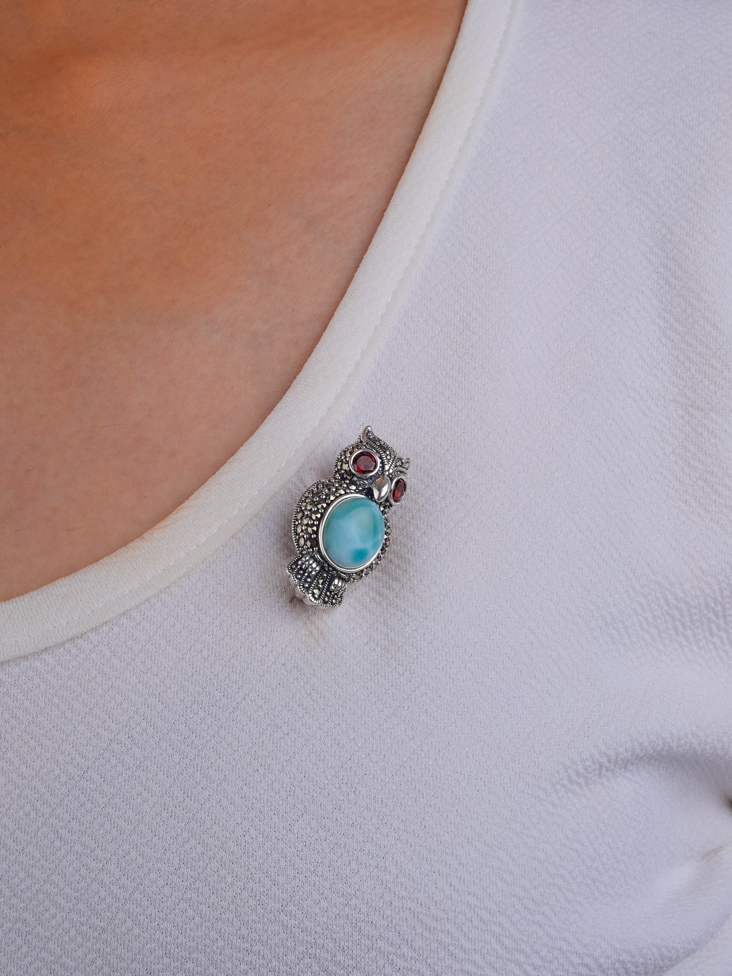Ocean Heart Owl: Silver Marcasite Brooch Cum Pendant