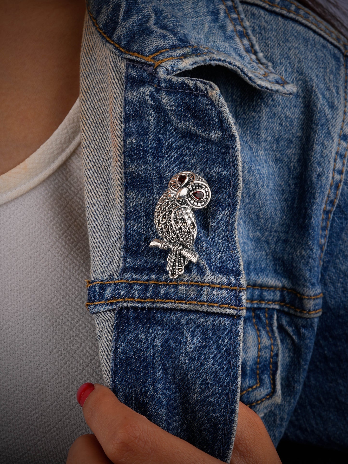 Crimson-Eyed : Marcasite Silver Owl Brooch cum Pendant