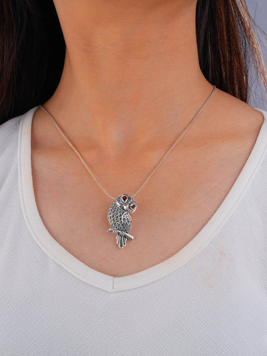 Crimson-Eyed : Marcasite Silver Owl Brooch cum Pendant
