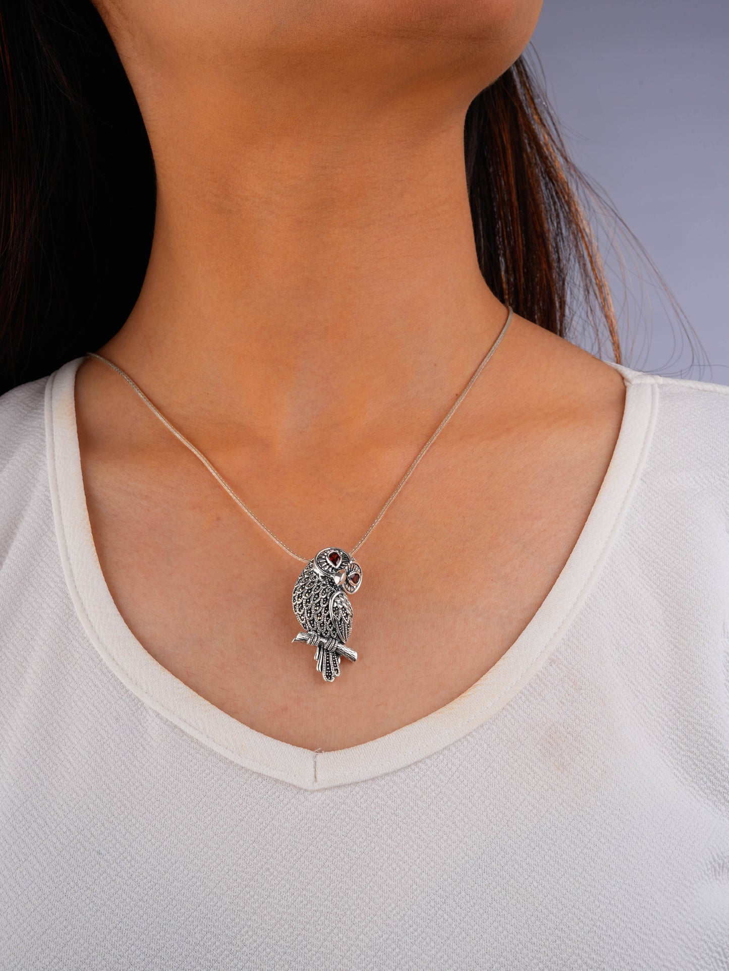 Crimson-Eyed : Marcasite Silver Owl Brooch cum Pendant