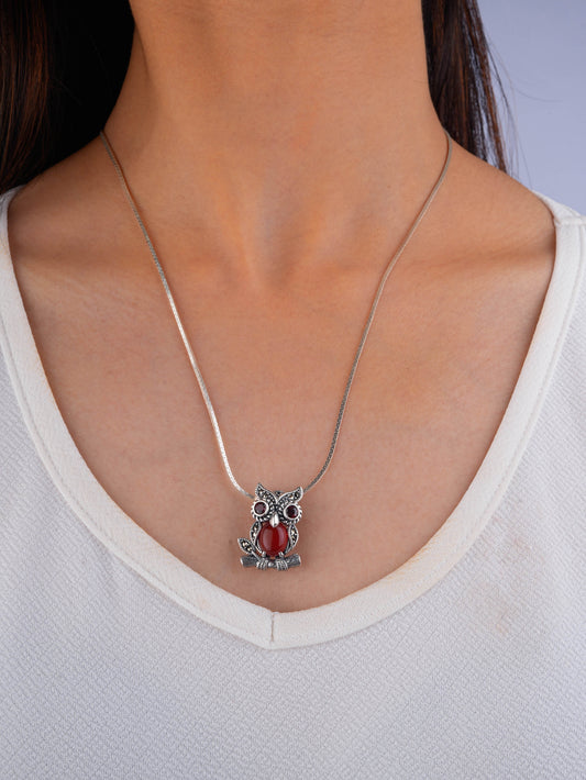 Fiery Gaze: Silver Marcasite Owl Brooch Cum Pendant