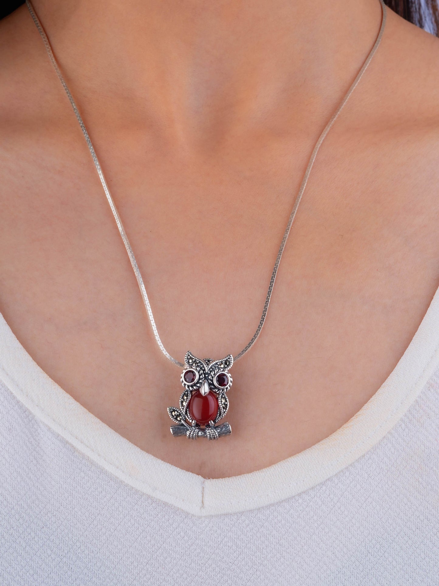 Fiery Gaze: Silver Marcasite Owl Brooch Cum Pendant