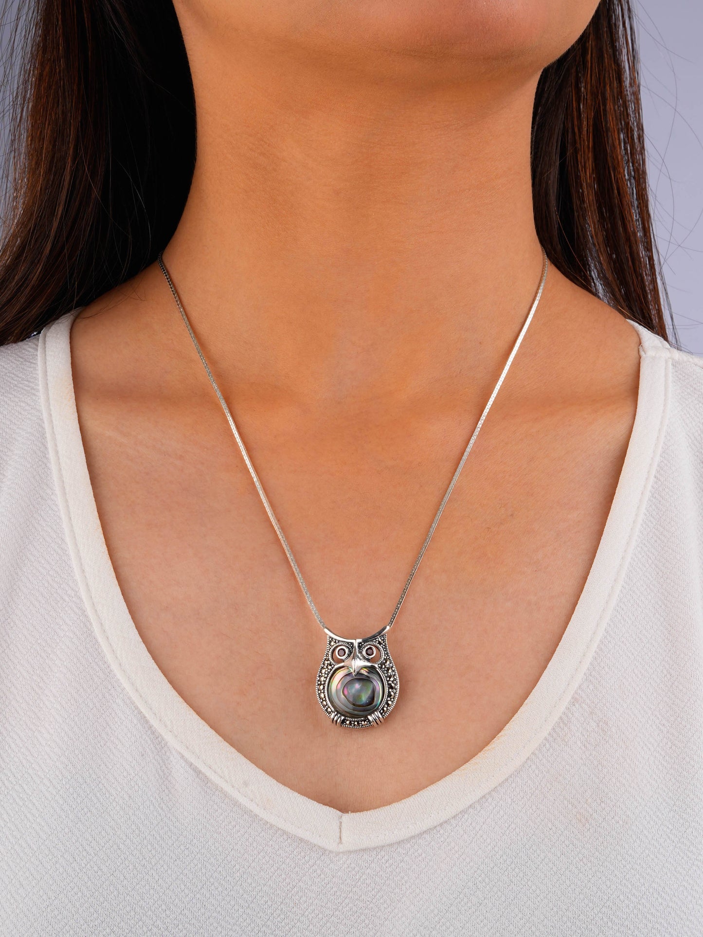 Garnet-Eyed Marcasite Owl Shell Brooch Cum Pendant