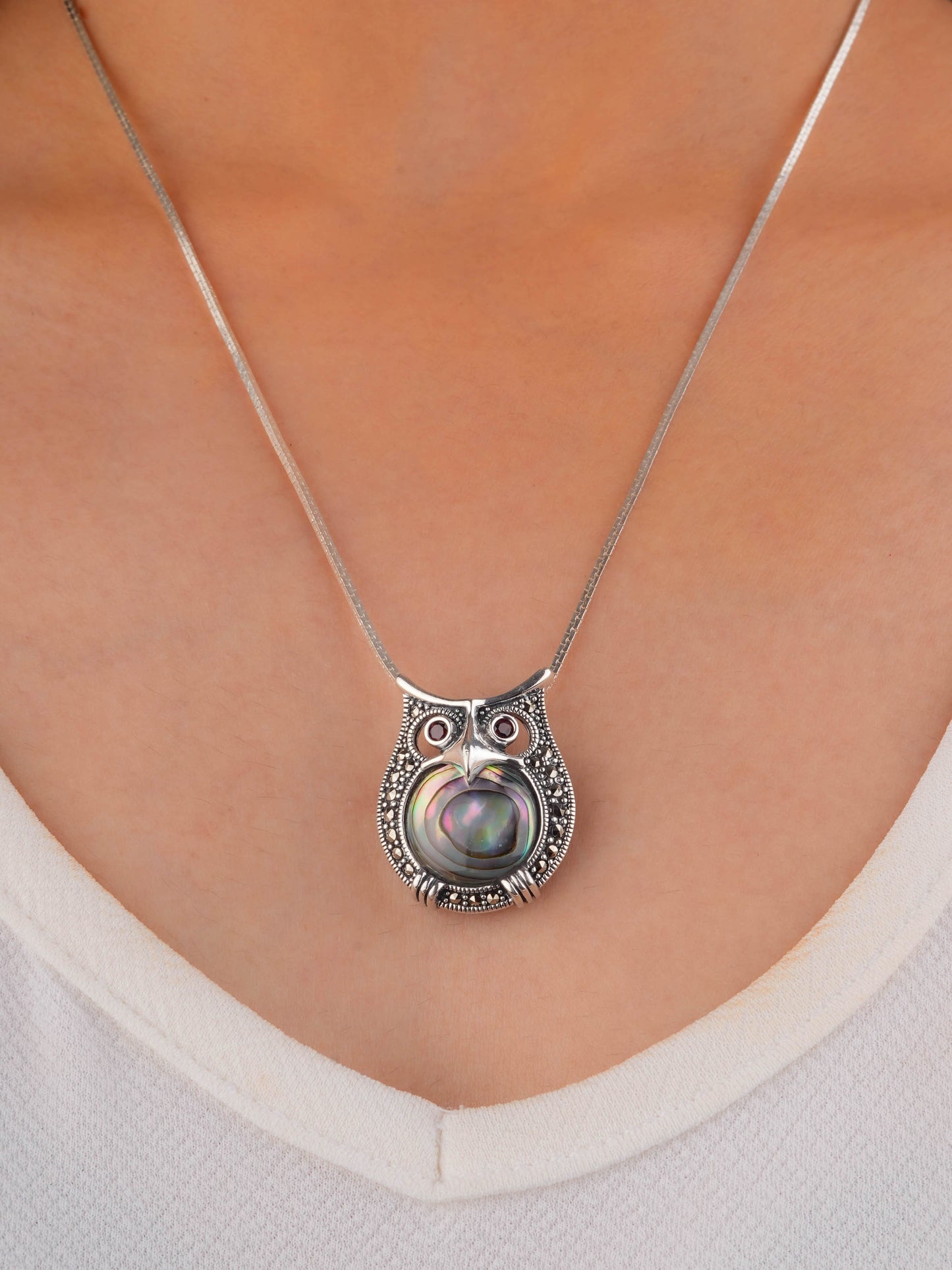 Garnet-Eyed Marcasite Owl Shell Brooch Cum Pendant