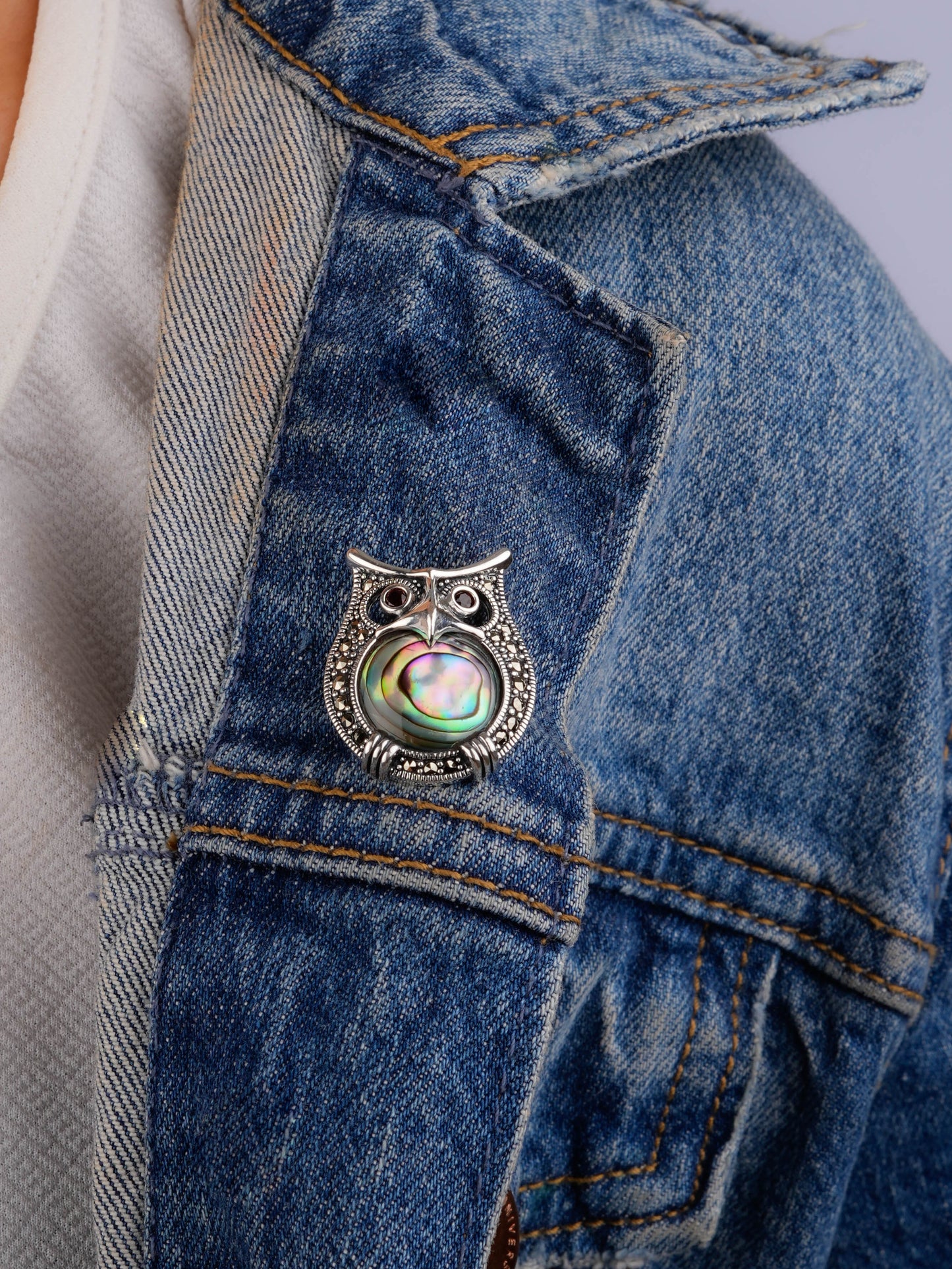 Garnet-Eyed Marcasite Owl Shell Brooch Cum Pendant