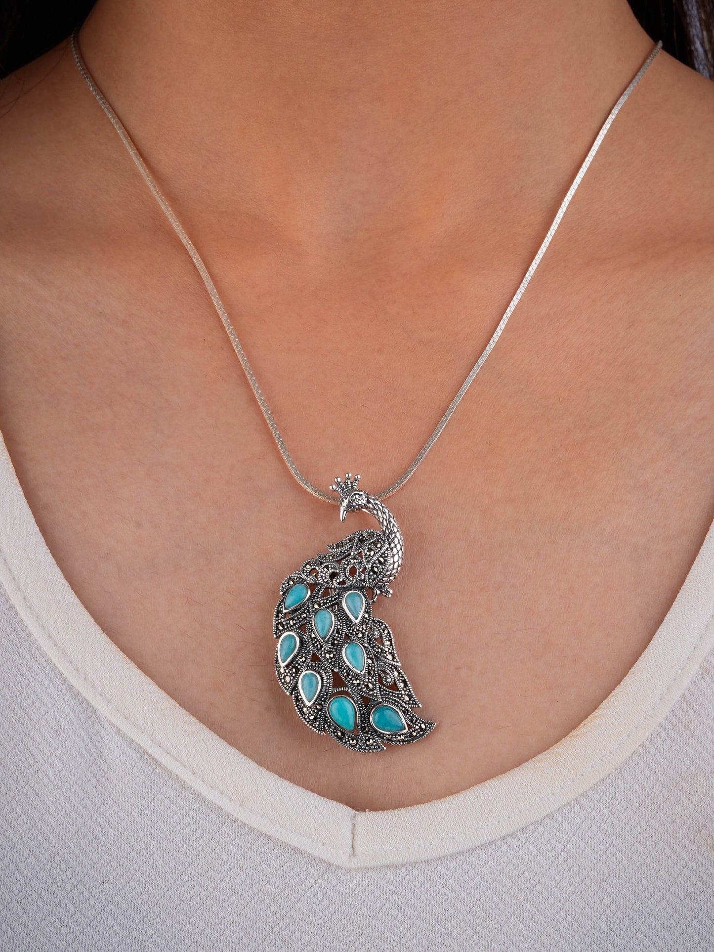 Majestic Peacock Turquoise Marcasite Pendant