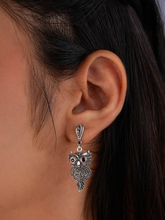 Garnet-Gleaming Owl Silver Marcasite Drop Earrings