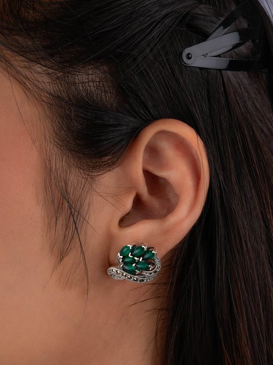 Lush Green Onyx Marcasite Drop Silver Earrings