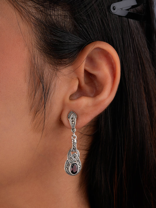 Vintage Elegance Marcasite Teardrop Earrings with Garnet