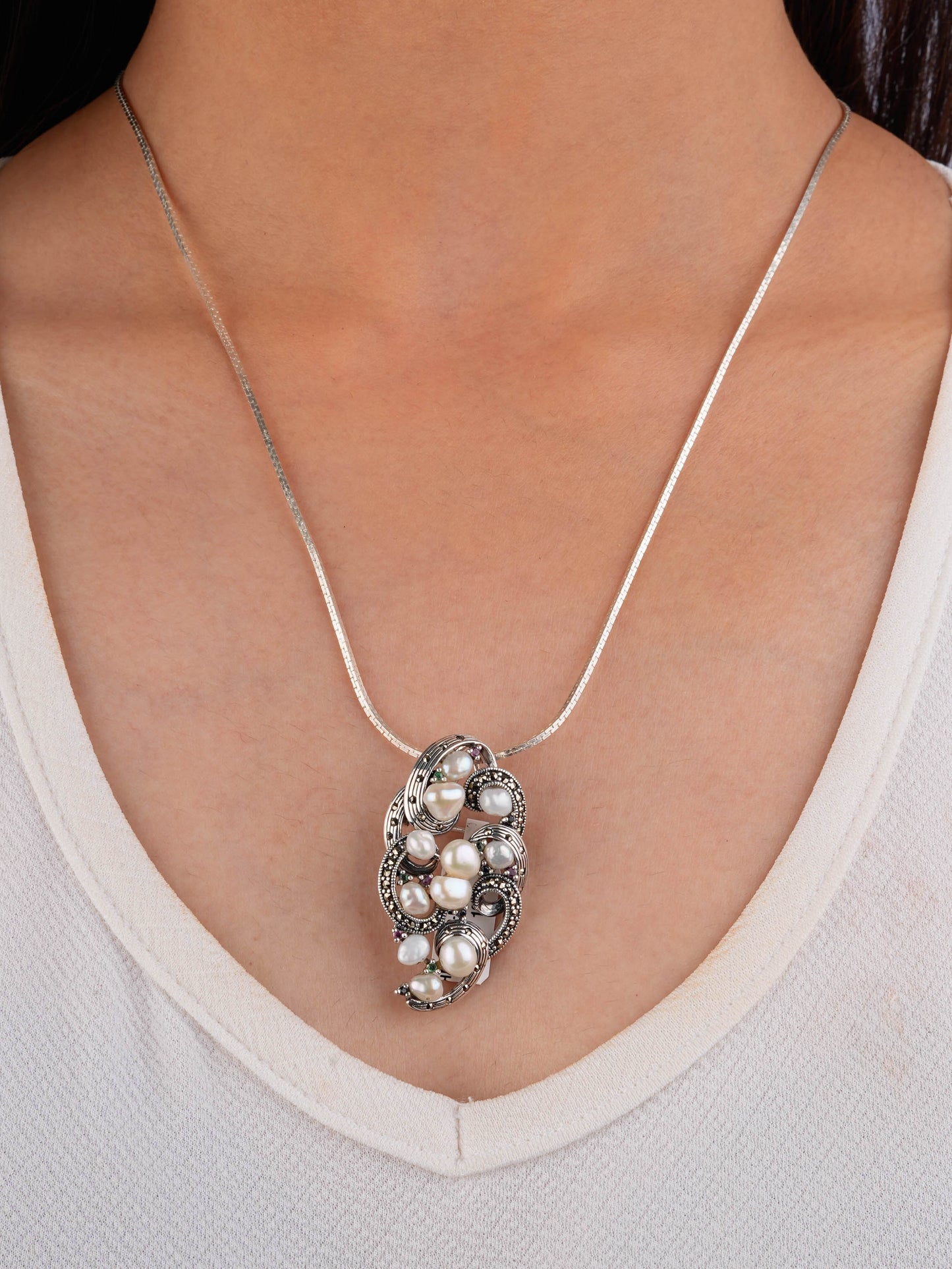 Dual Elegance Pearl and Marcasite Brooch-Pendant