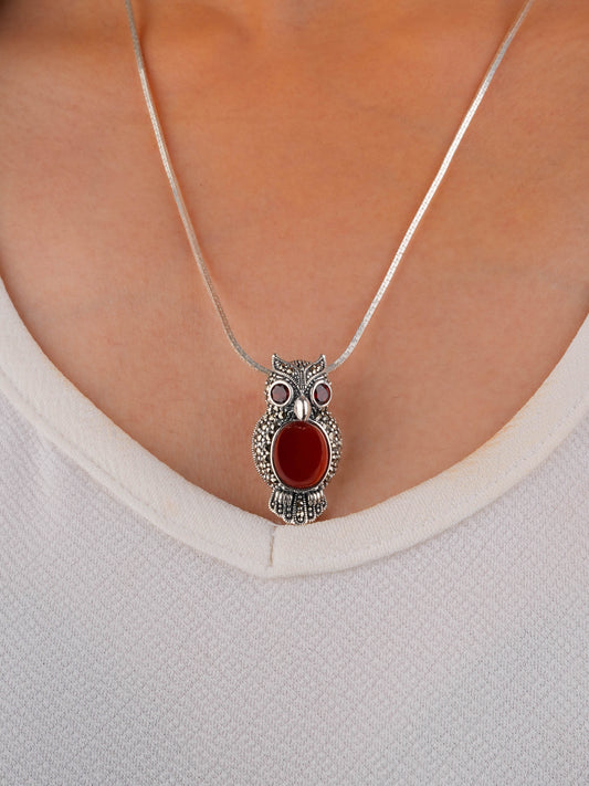 Carnelian Owl Marcasite Brooch-Pendant with Garnet Eyes