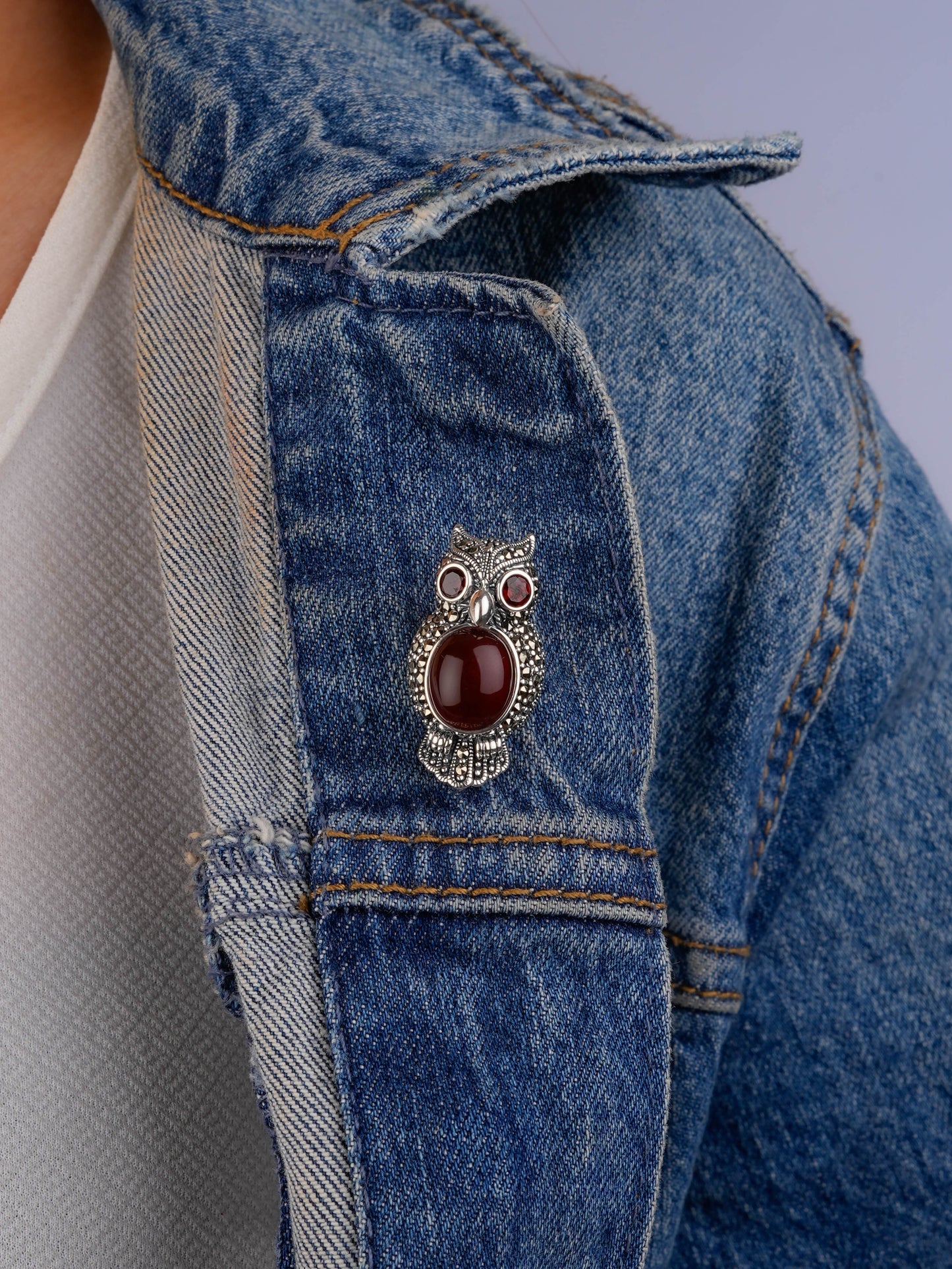 Carnelian Owl Marcasite Brooch-Pendant with Garnet Eyes