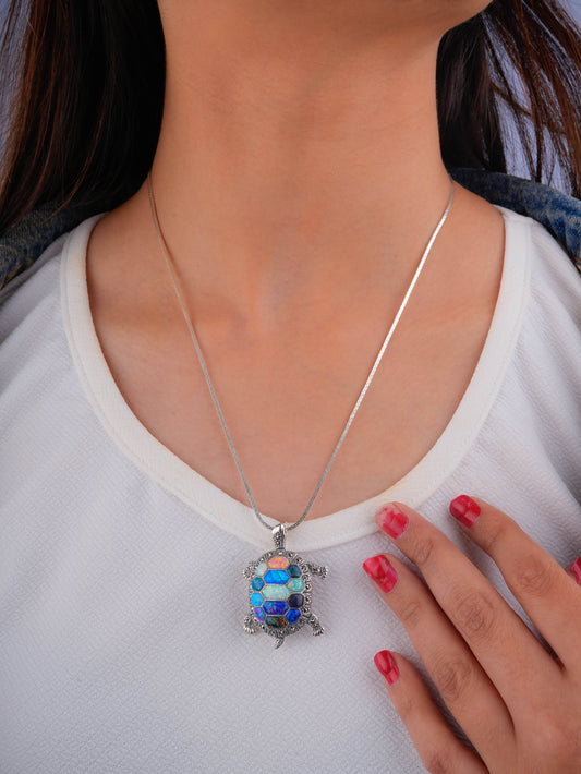 Rainbow Opal Turtle Marcasite Silver Pendant