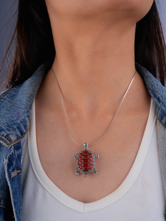 Vintage Style Carnelian Turtle Pendant - Marcasite Silver