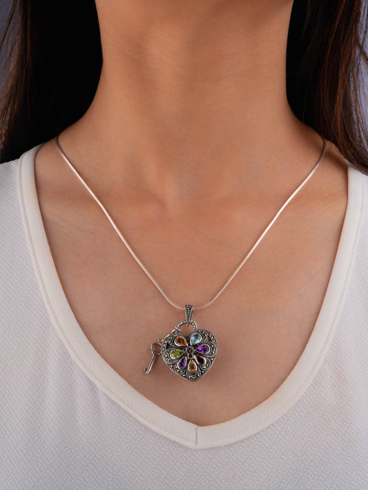 Key to My Heart: Colourful Gemstone Silver Marcasite Pendant