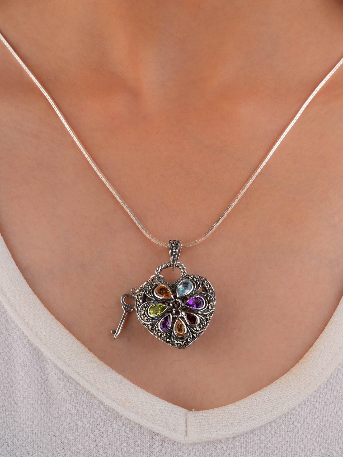 Key to My Heart: Colourful Gemstone Silver Marcasite Pendant