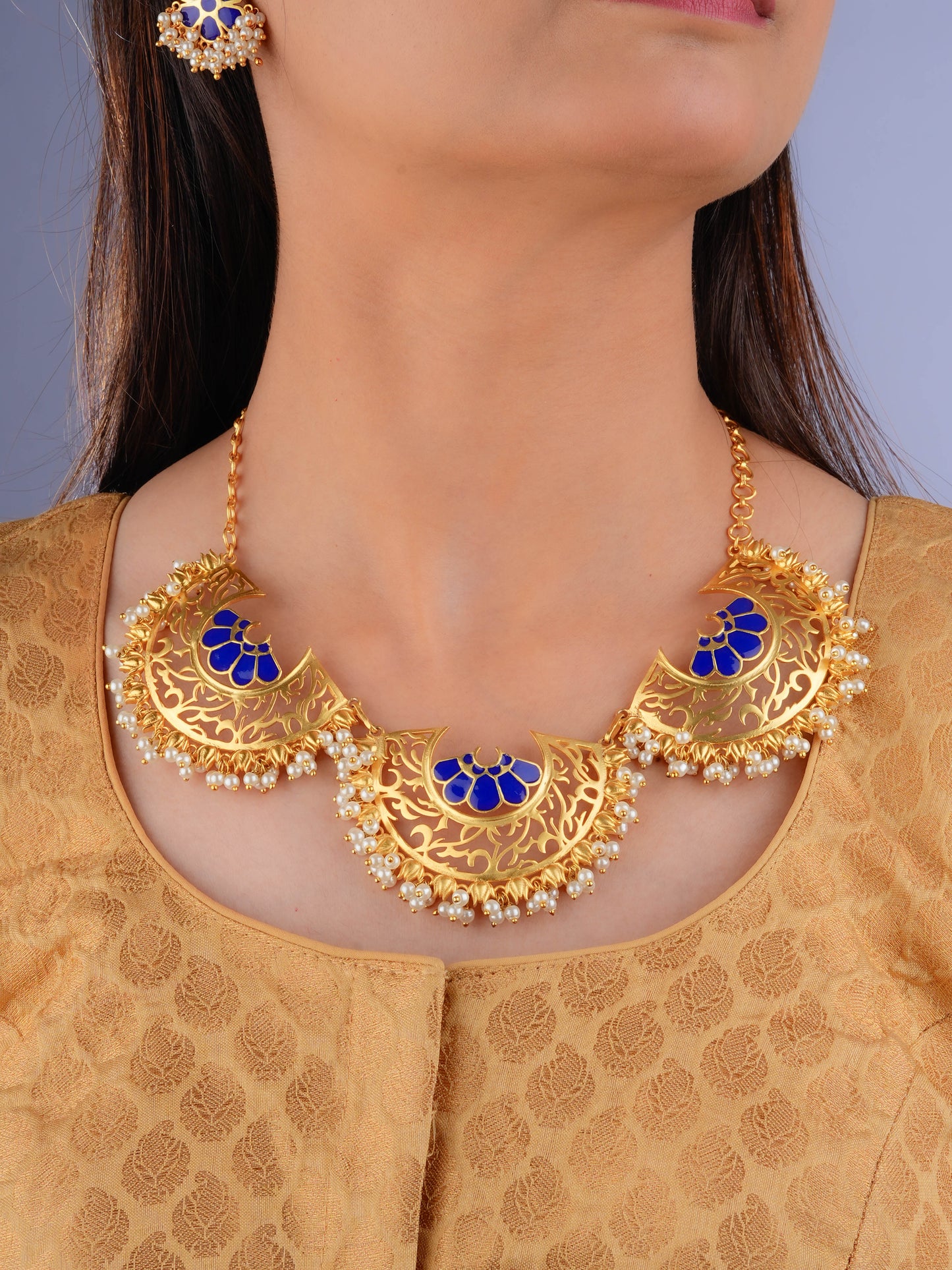 Maharani Necklace with Mogra Studs (Blue)