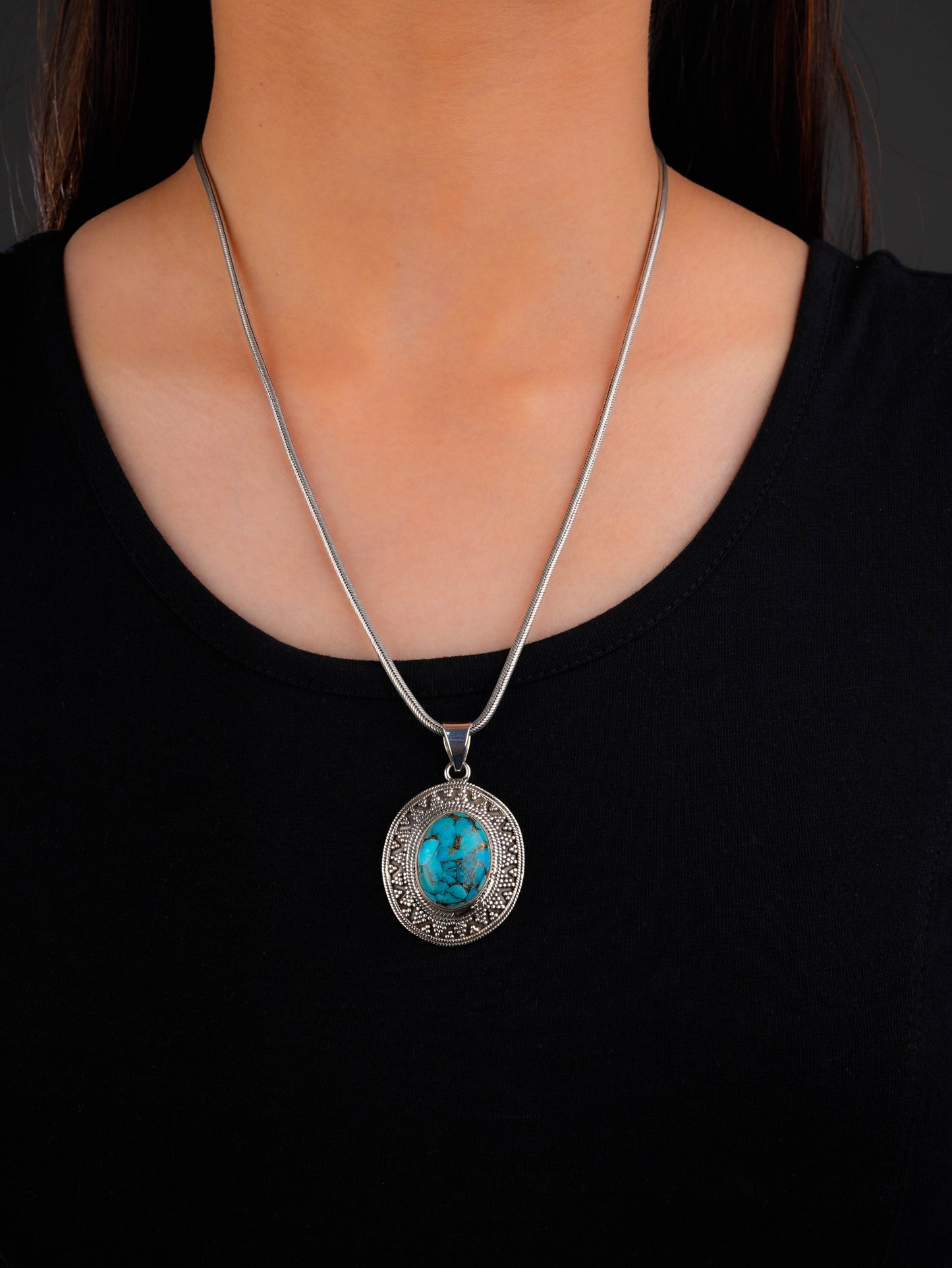 Chrysocolla & Silver Oval Pendant