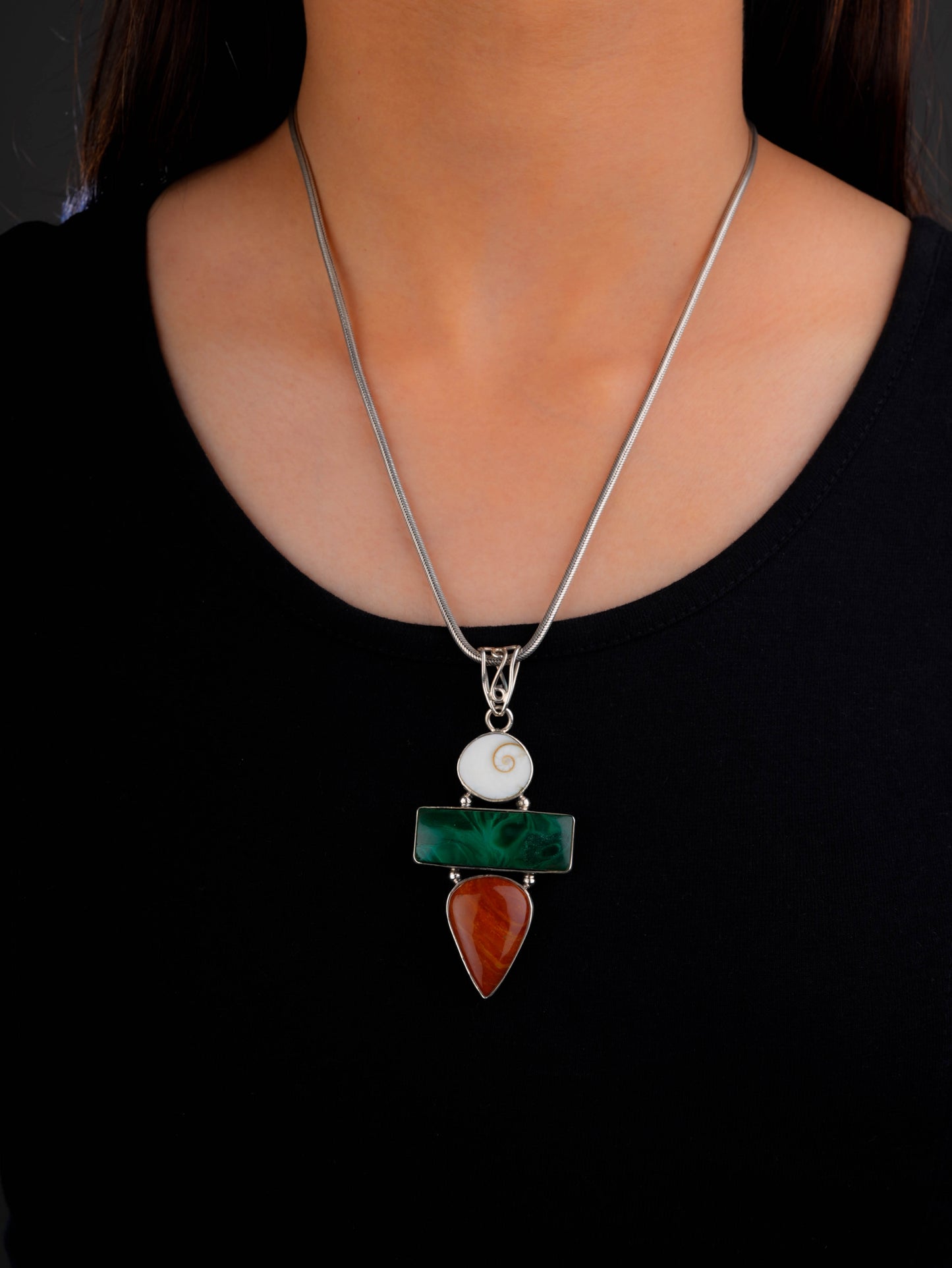 Shiva Eye Malachite and Red Jasper Silver Pendant