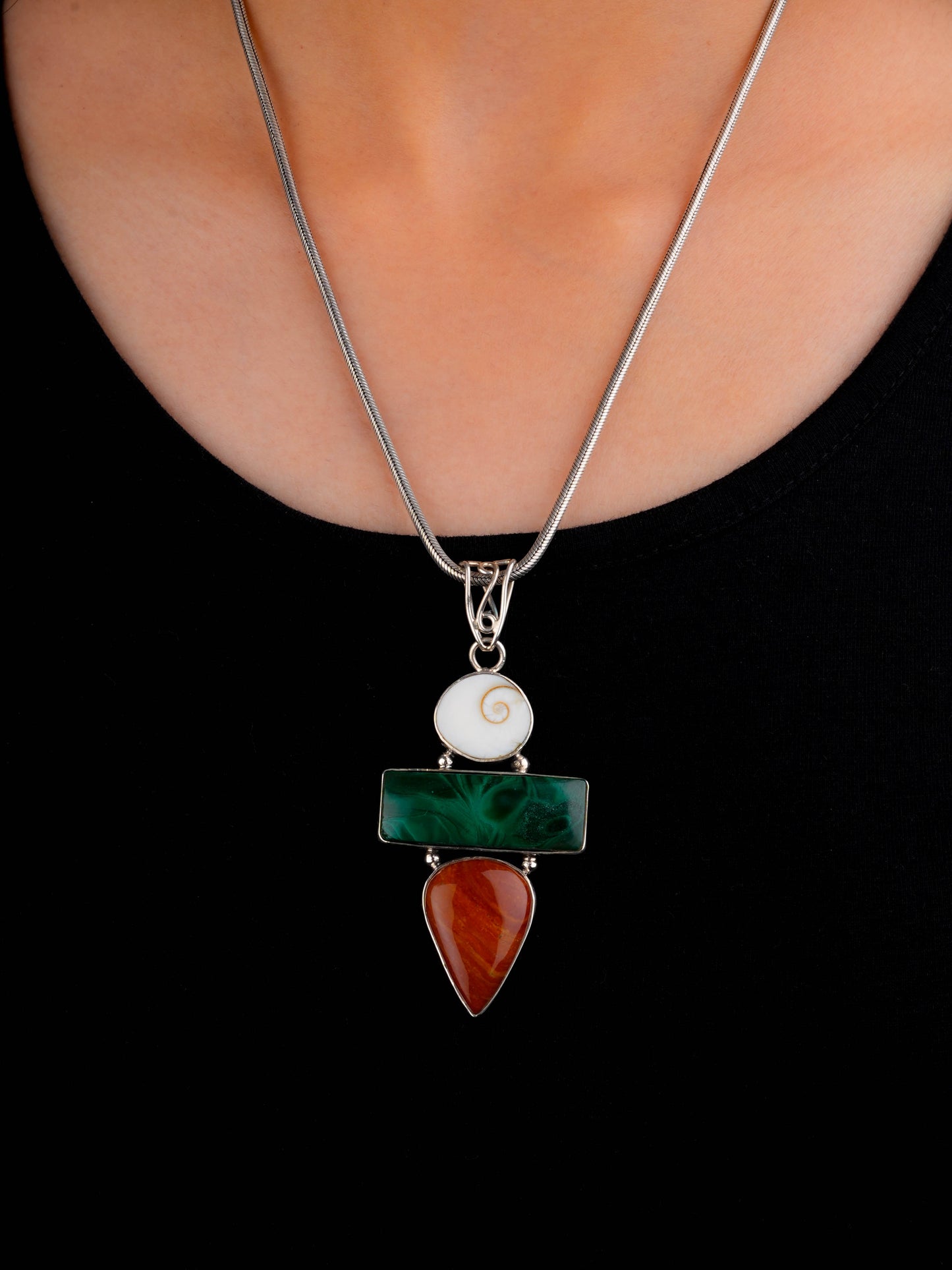 Shiva Eye Malachite and Red Jasper Silver Pendant