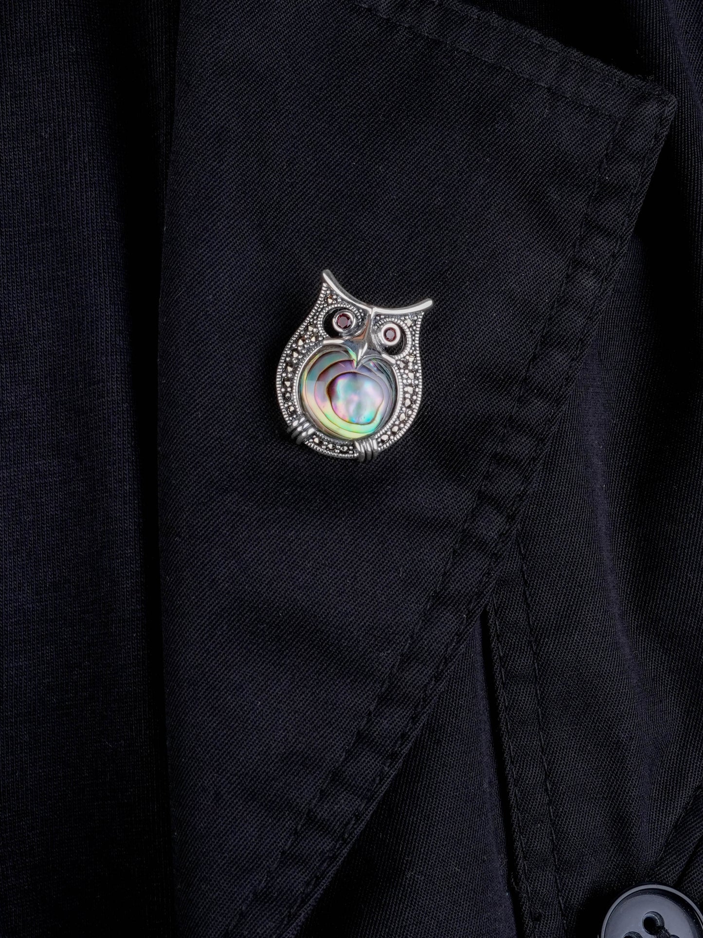 Garnet-Eyed Marcasite Owl Shell Brooch Cum Pendant