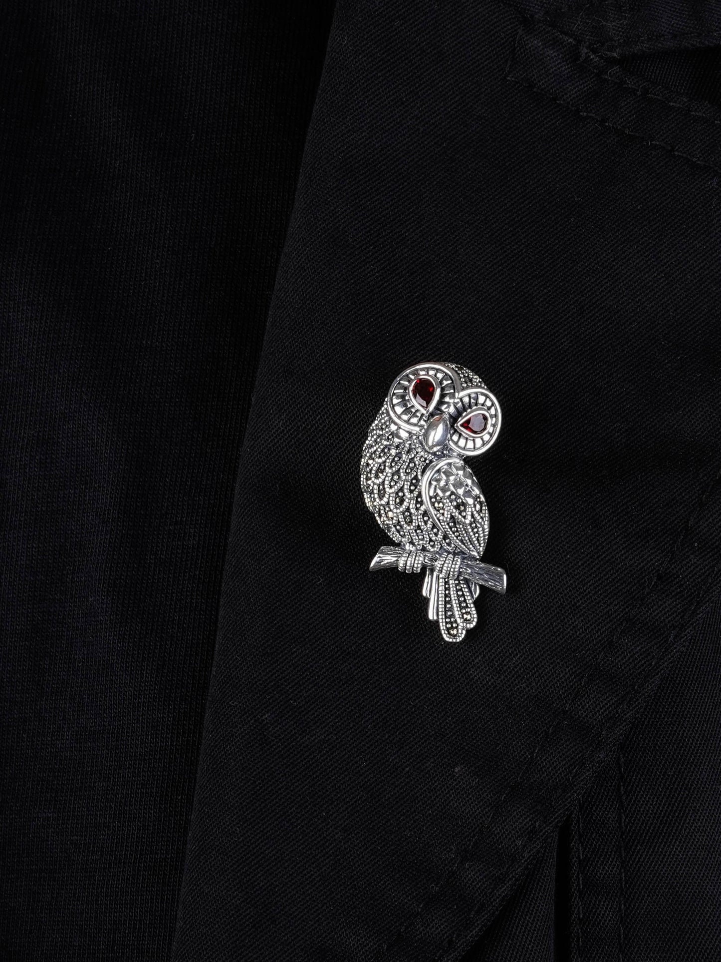 Crimson-Eyed : Marcasite Silver Owl Brooch cum Pendant