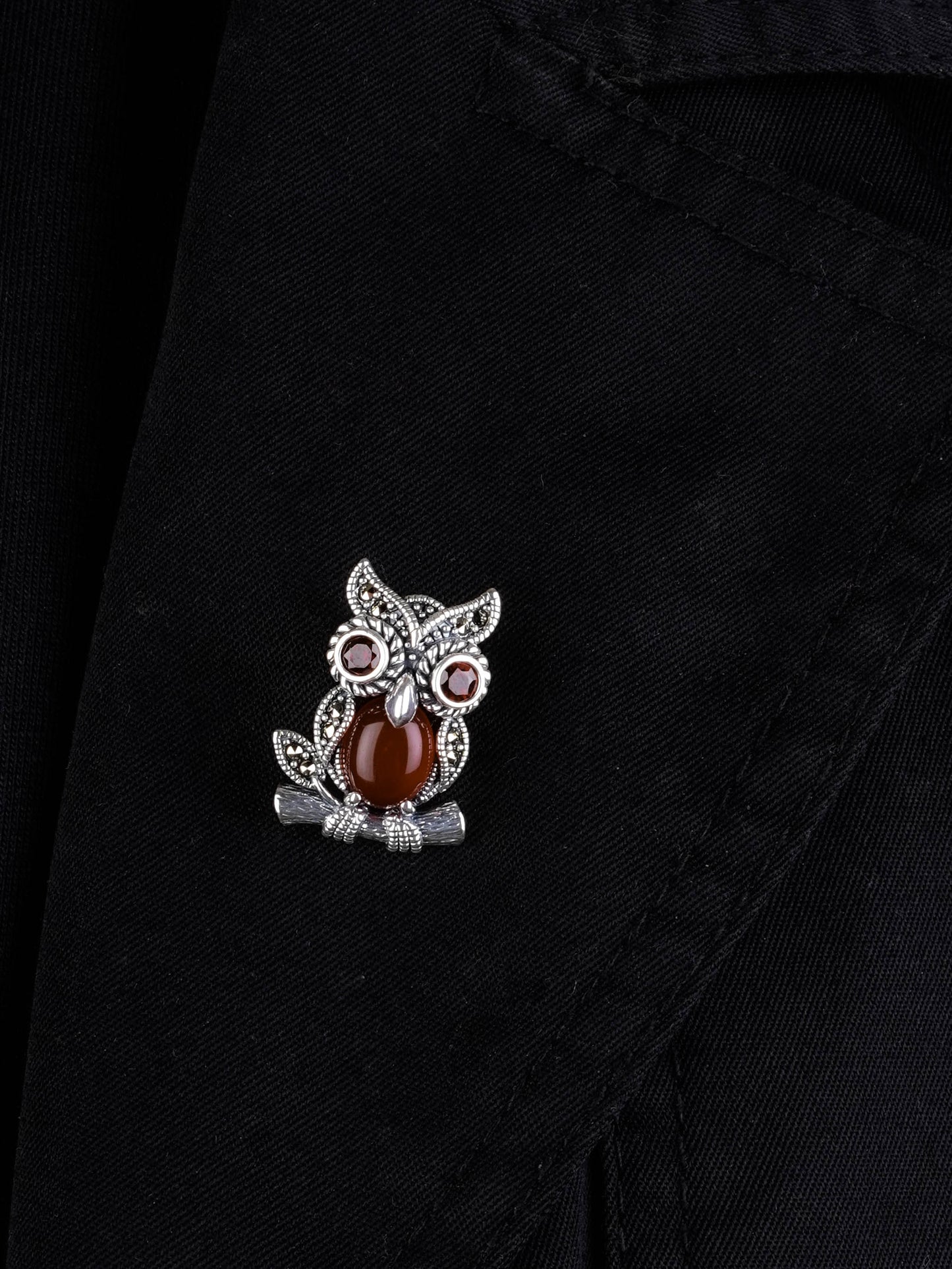 Fiery Gaze: Silver Marcasite Owl Brooch Cum Pendant