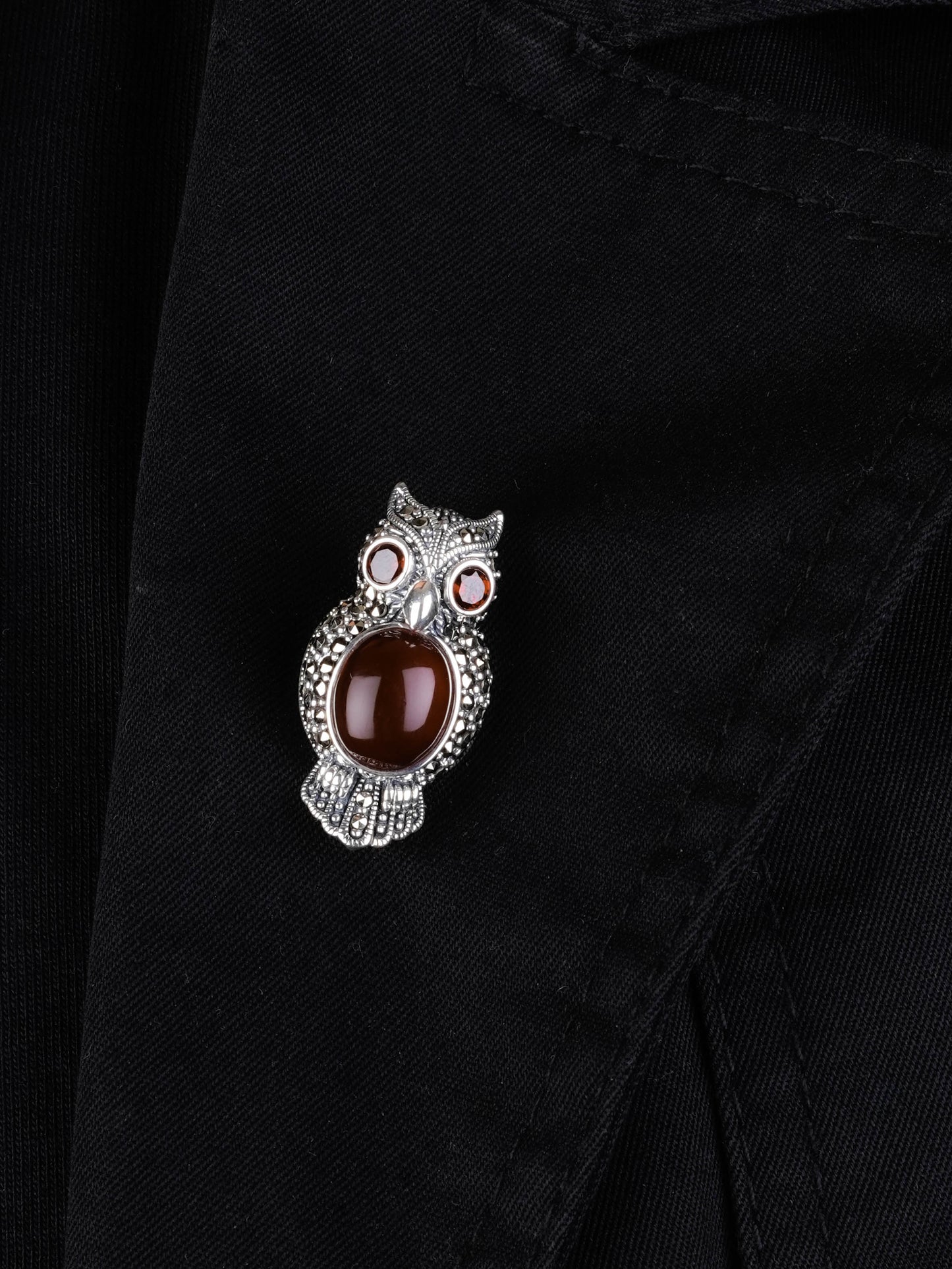Carnelian Owl Marcasite Brooch-Pendant with Garnet Eyes
