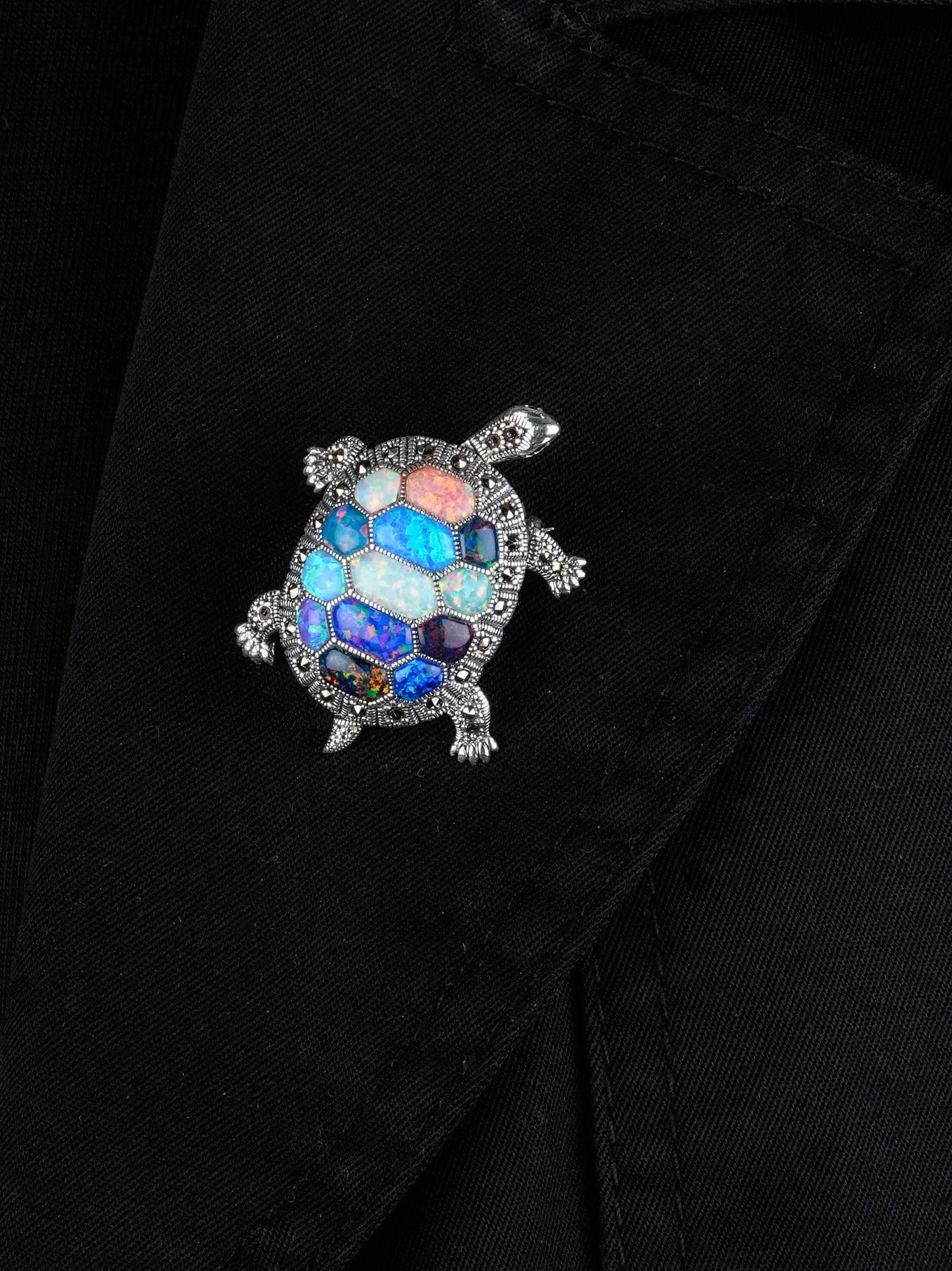 Rainbow Opal Turtle Marcasite Silver Pendant
