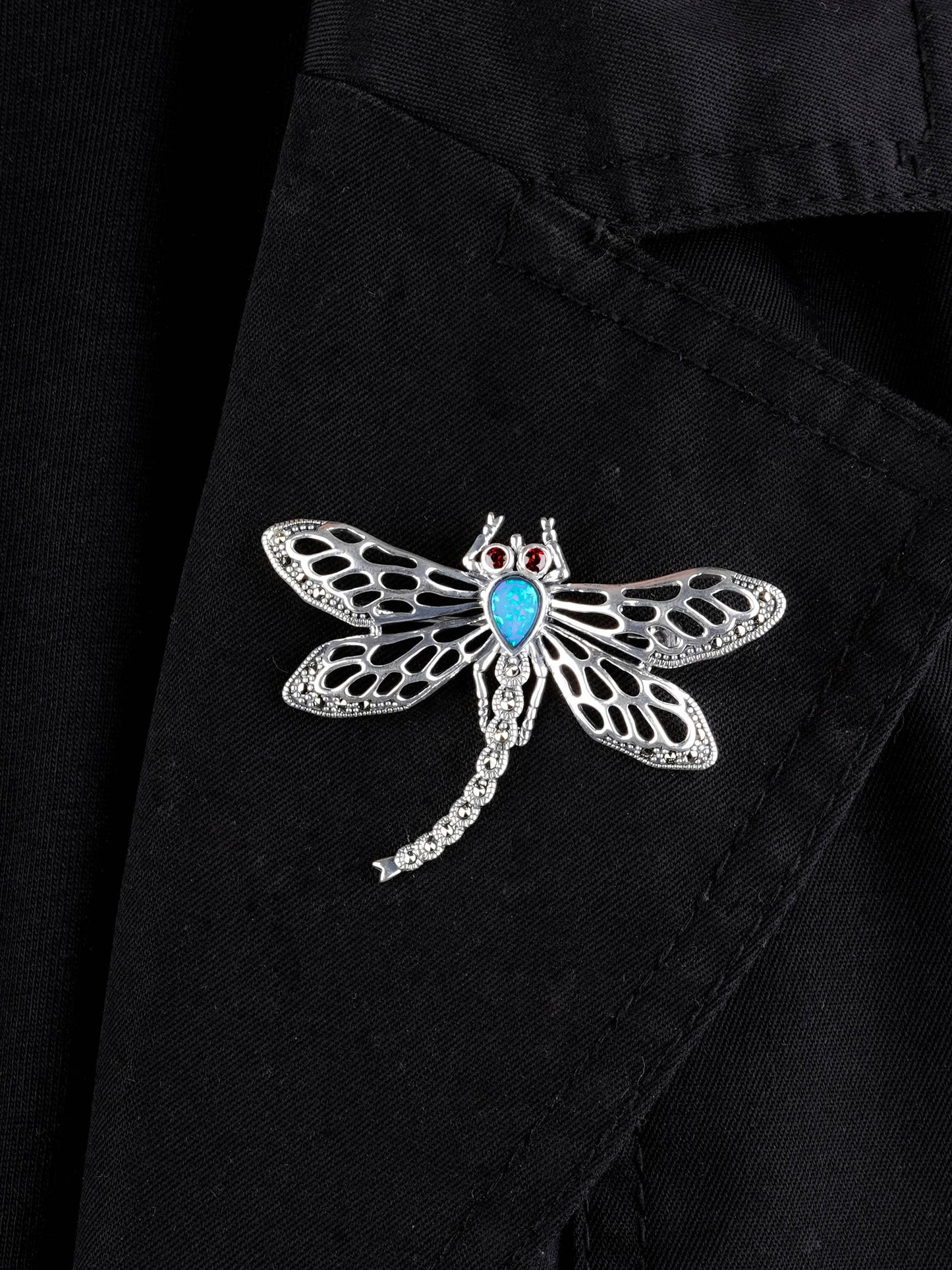 Celestial Dance: Marcasite Dragonfly Opal Pendant
