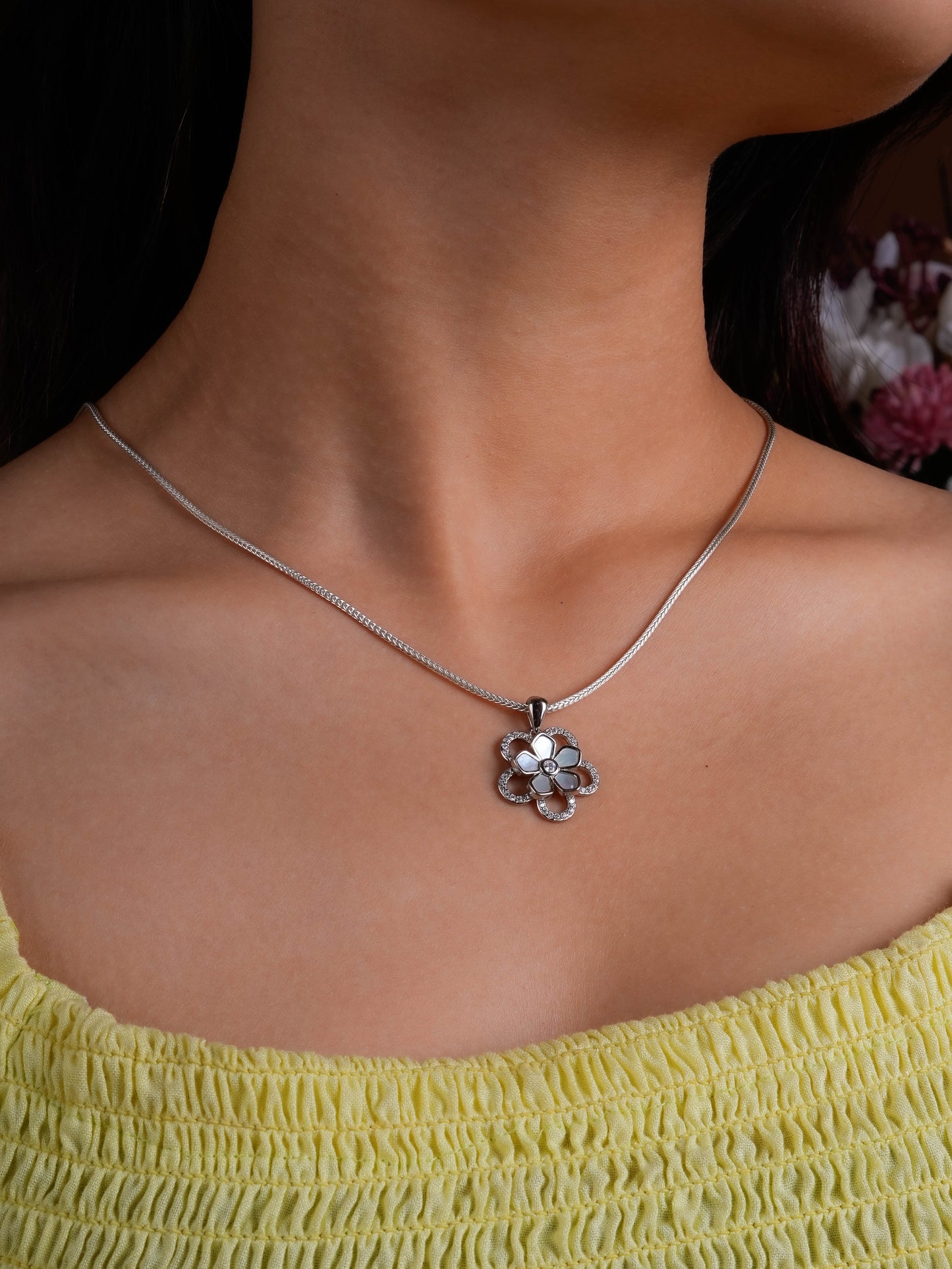 Silver, Zircon And MOP Flower Pendant Set