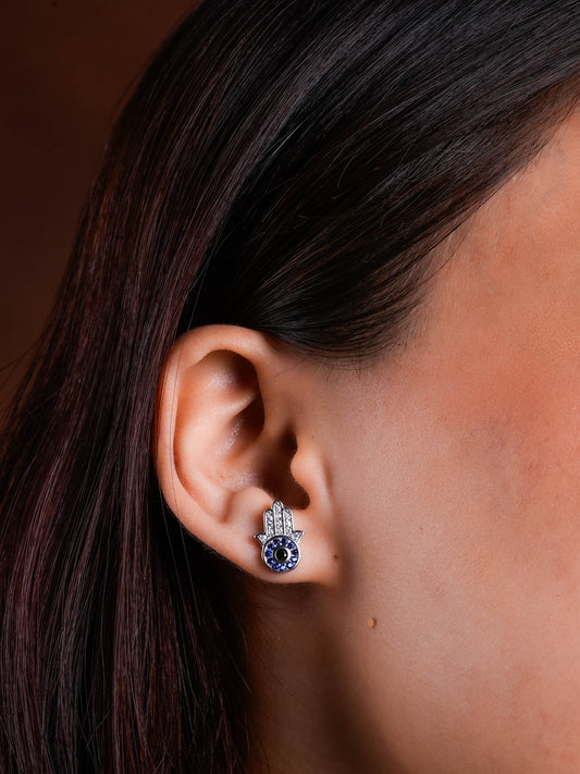 Silver Evil Eye Studs With Blue Stone