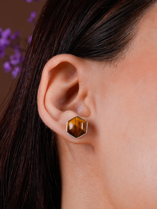 Hexagonal Stone Studs In Silver