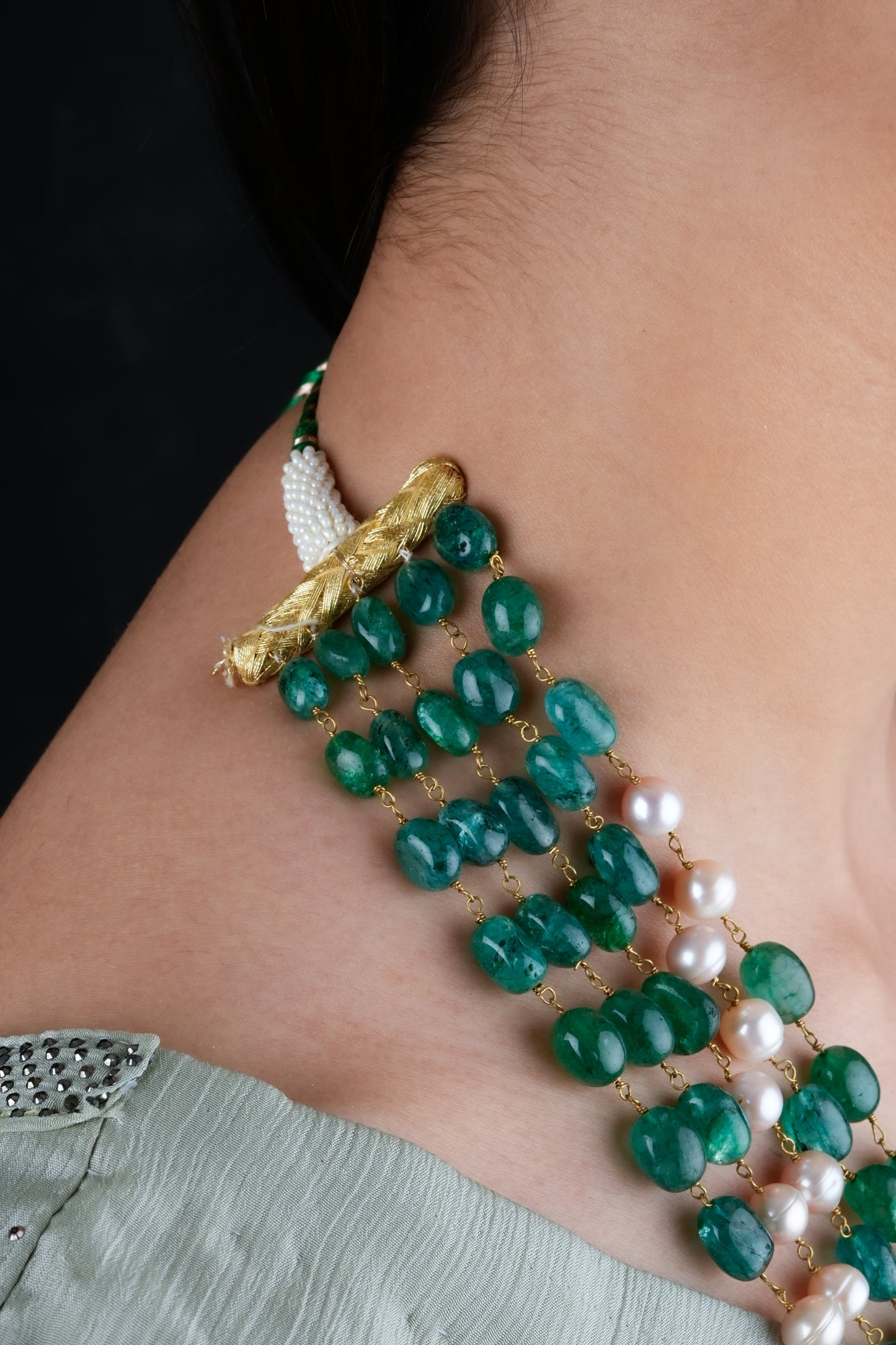 Emerald Green Pearls Multilayered Necklace