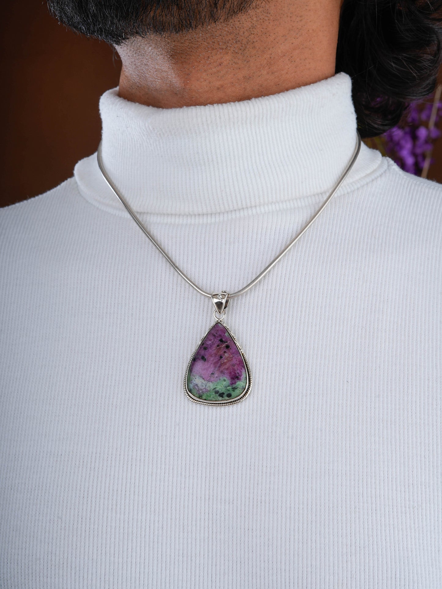 Ruby Zoisite Drop Silver Pendant
