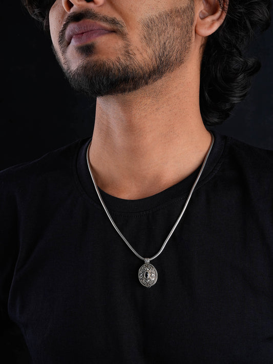 Garnet Studded Silver Taweez Pendant