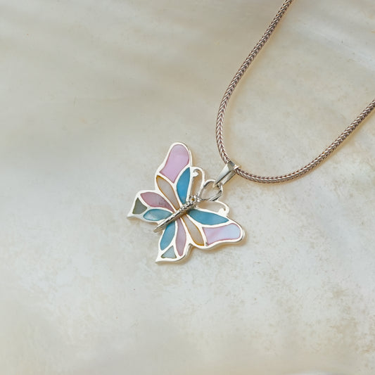 Rainbow MOP And Silver Butterfly Pendant
