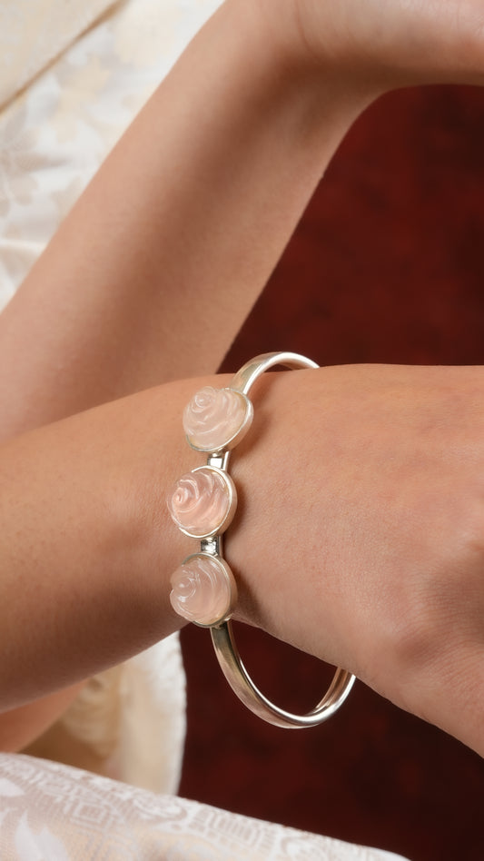 Rose Quartz Roses Flexible Silver Bangle