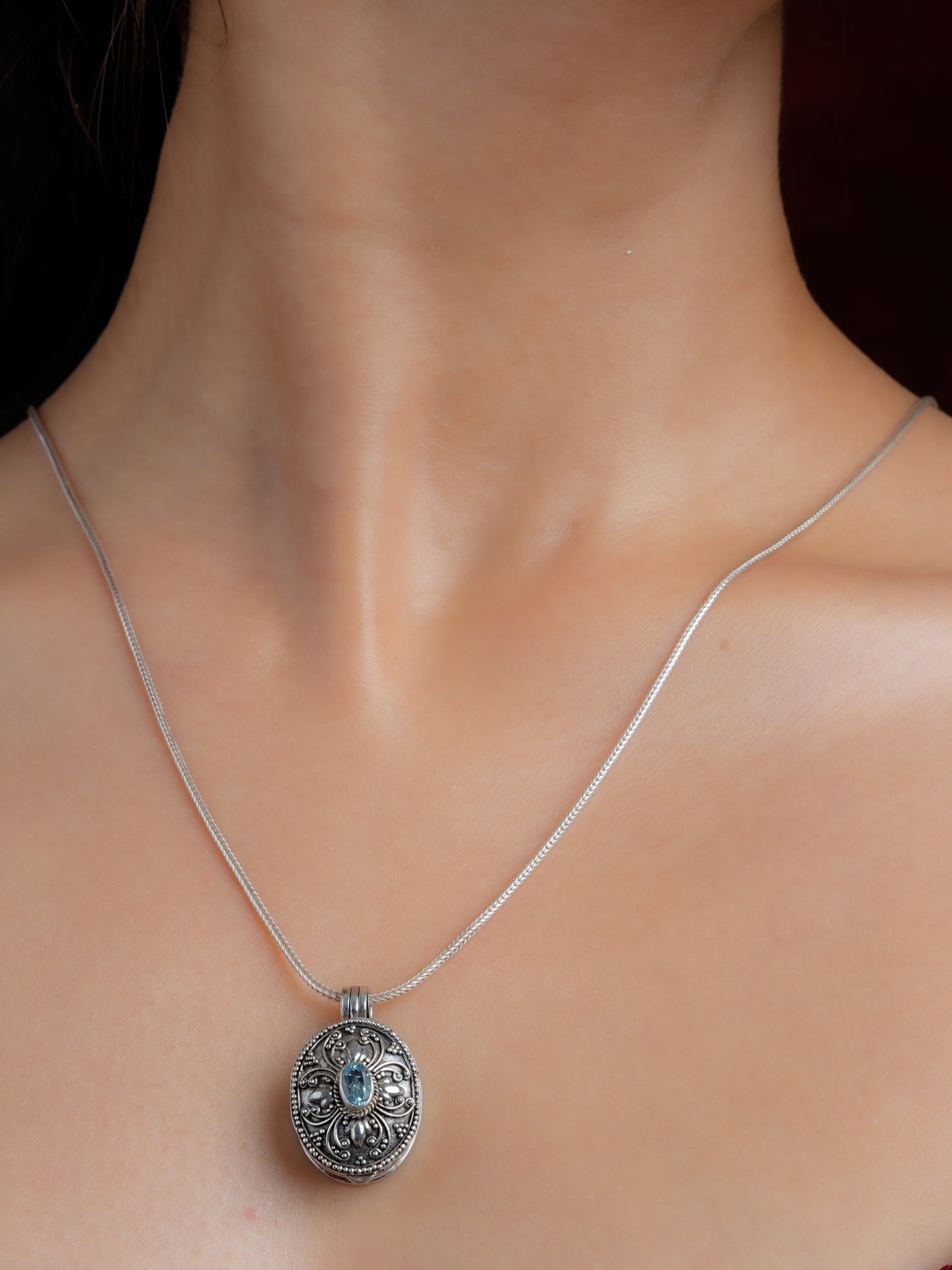 Aquamarine Studded Silver Taweez Pendant