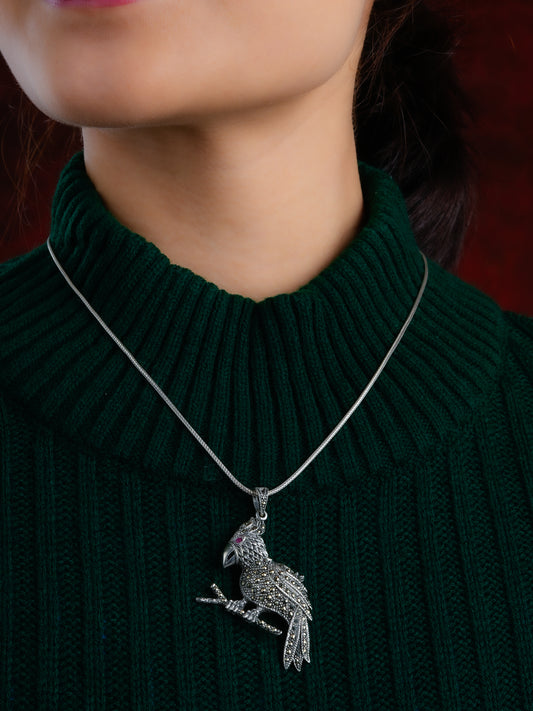 Rhinestone Embedded Owl Oxidised Pendant Cum Brooch