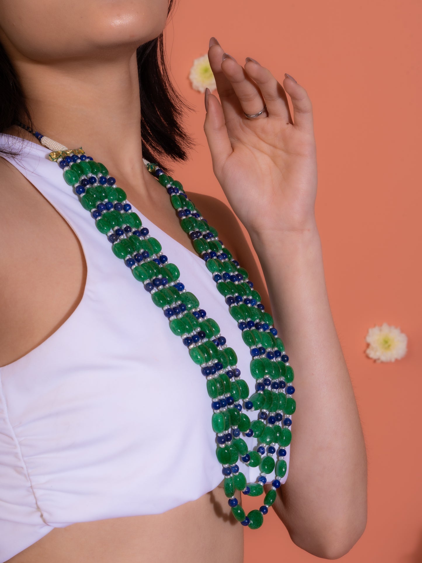 Green Quartz Lapis And Freshwater Pearls Multi Layered Necklace