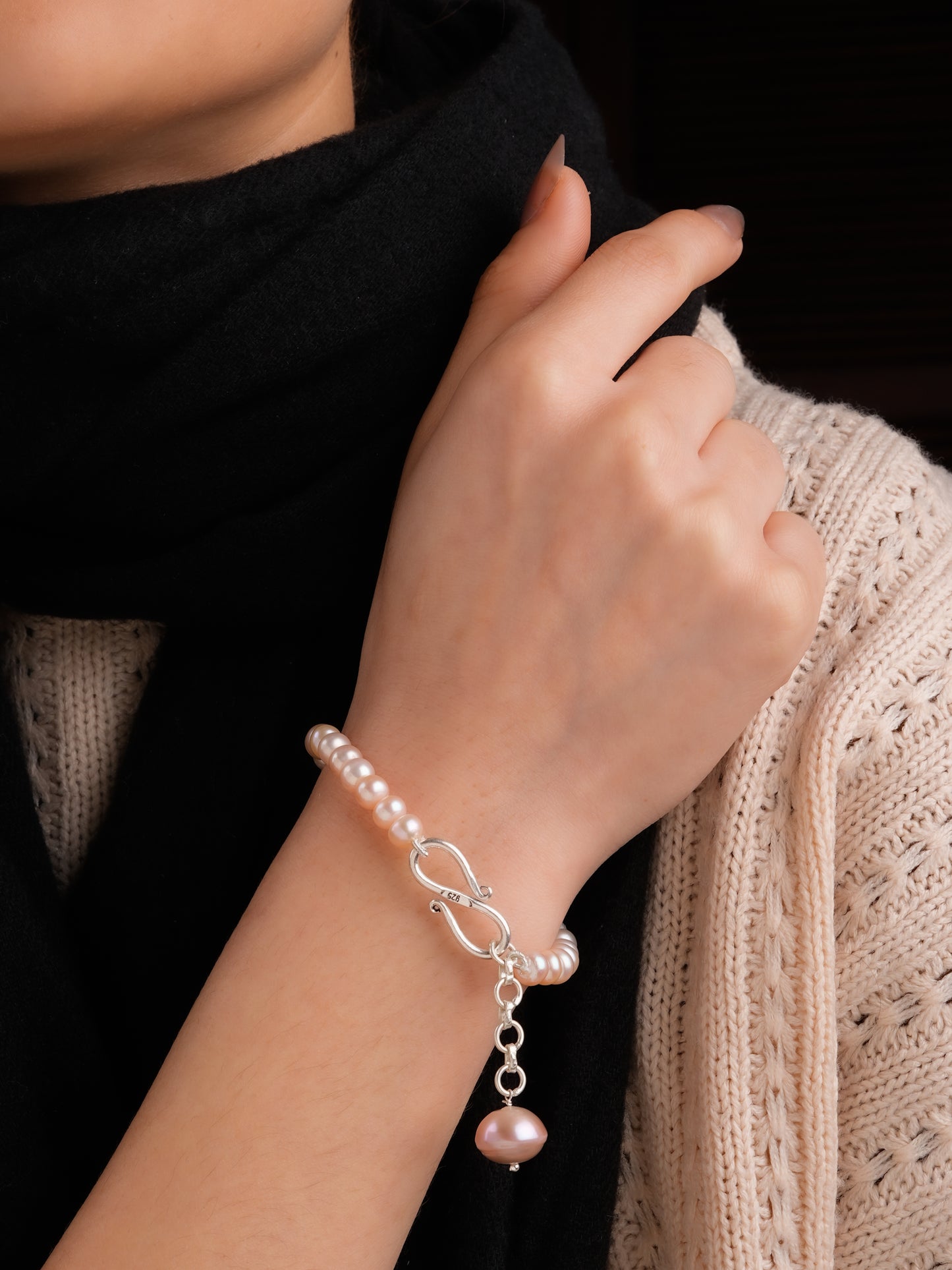 Peach Pearls Silver Bracelet