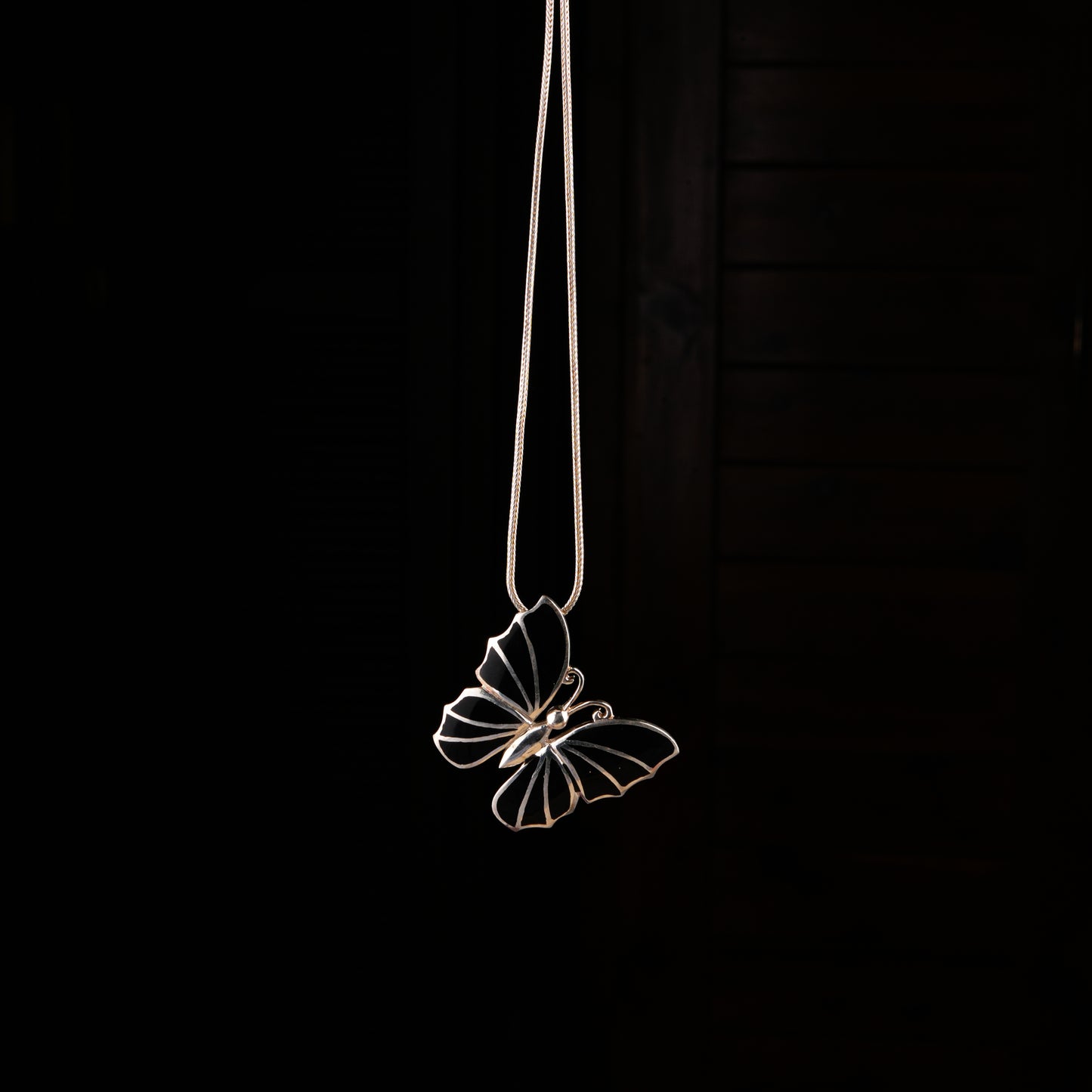 Smoky Winged Butterfly Silver Black Onyx inlay Pendant