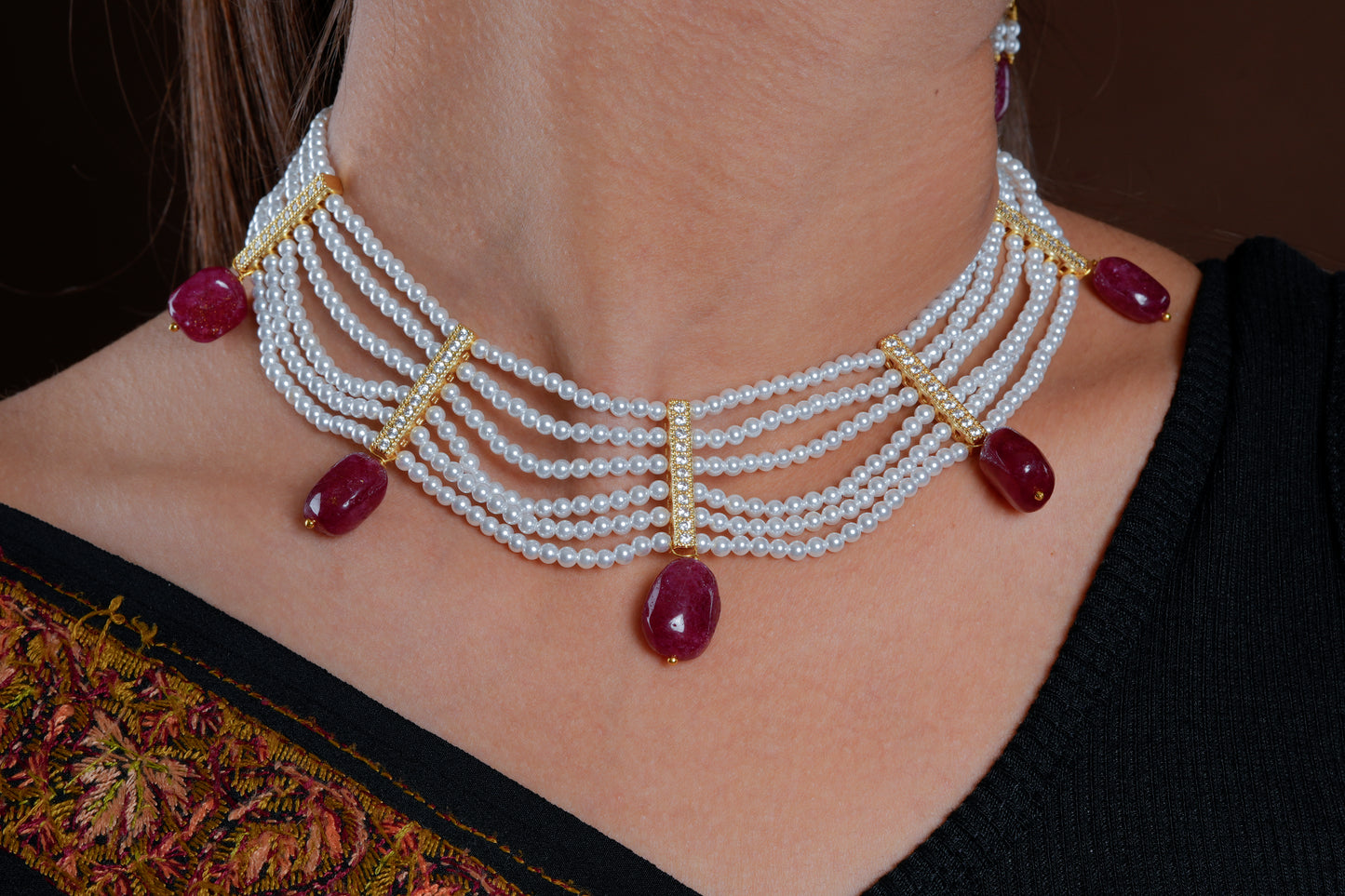 Ruby Drops Vaijayanti Layered Pearls Set