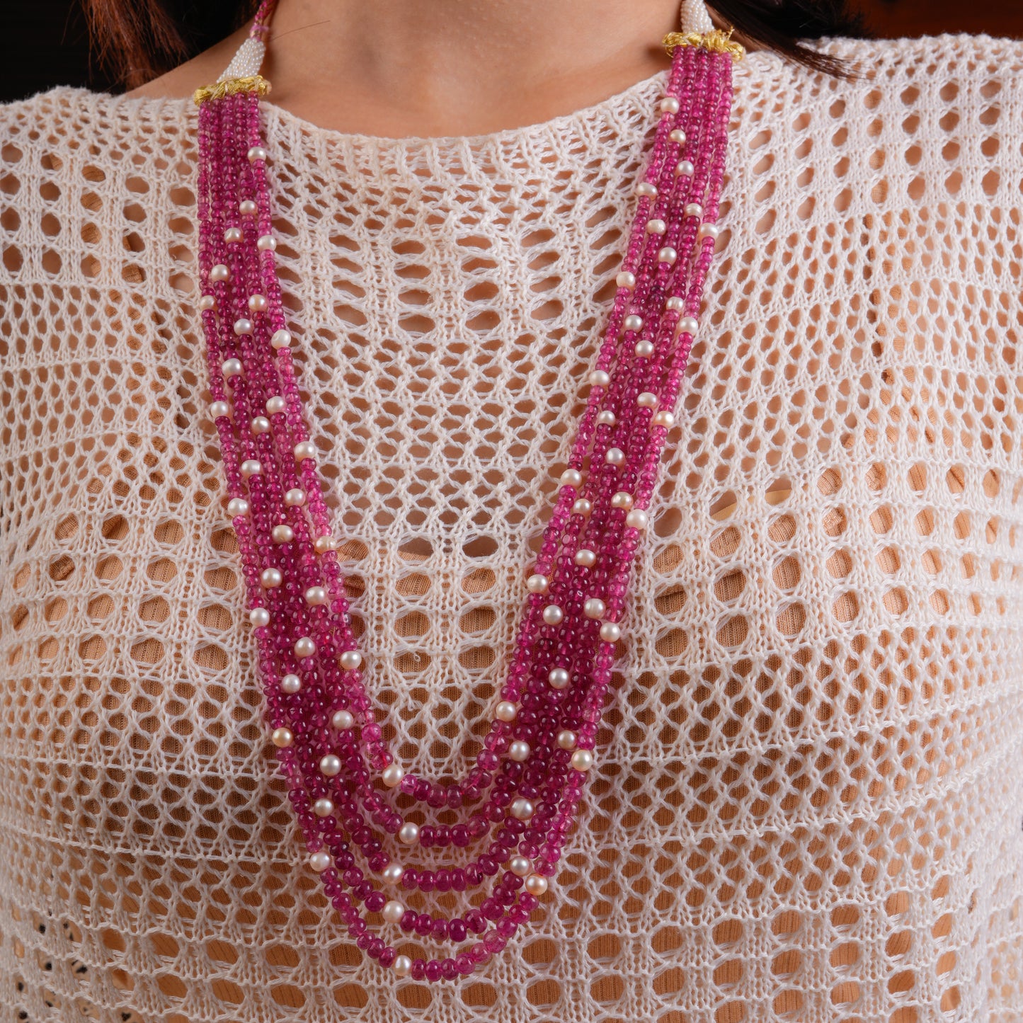 Ruby Red Quartz And Pearls Necklace