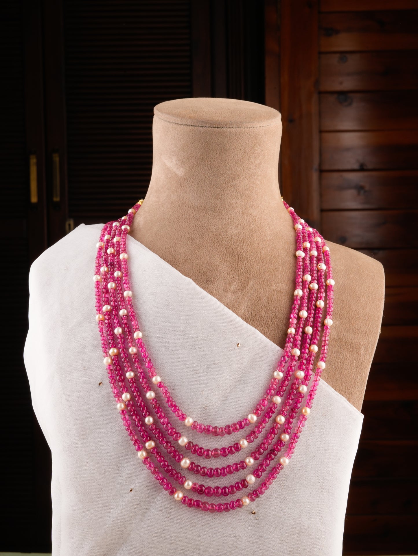 Ruby Red Quartz And Pearls Necklace