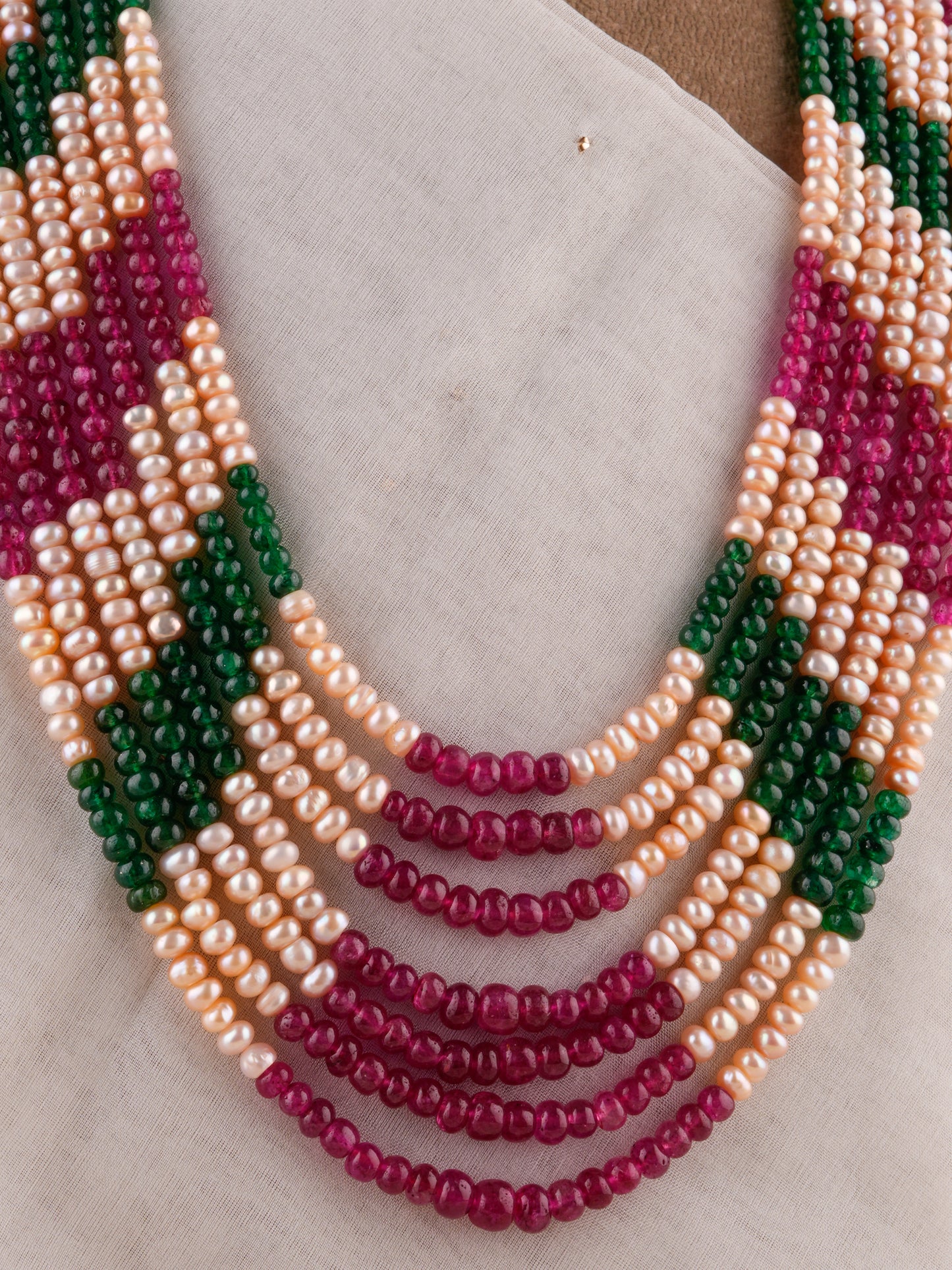 Layered Ruby Emerald Pearl Necklace