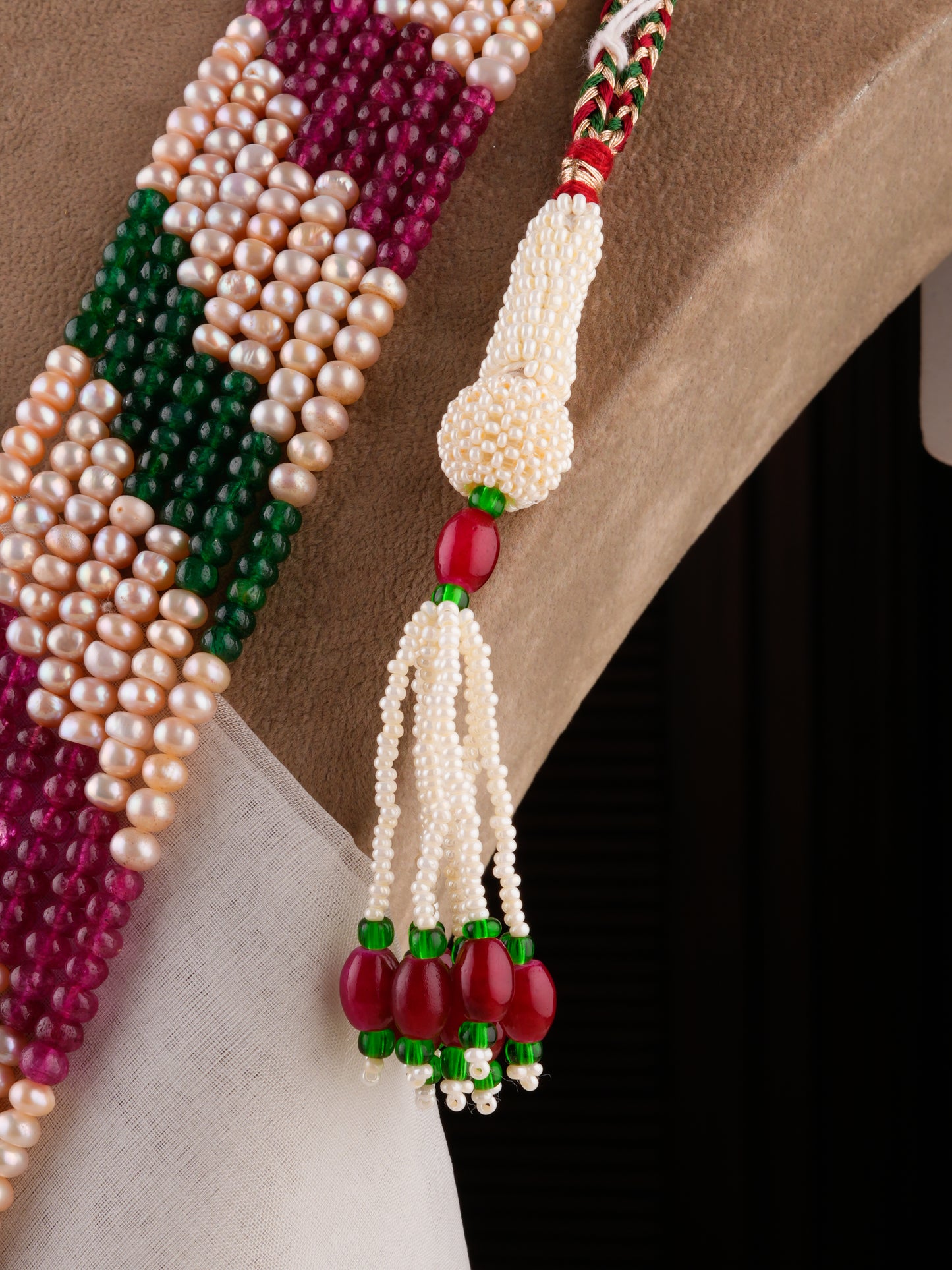 Layered Ruby Emerald Pearl Necklace