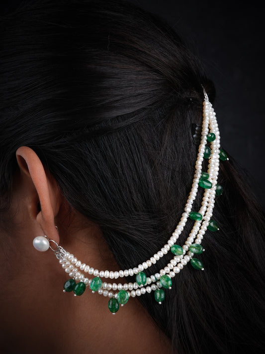 Freshwater Pearls And Emerald Green Ear Chain Pair